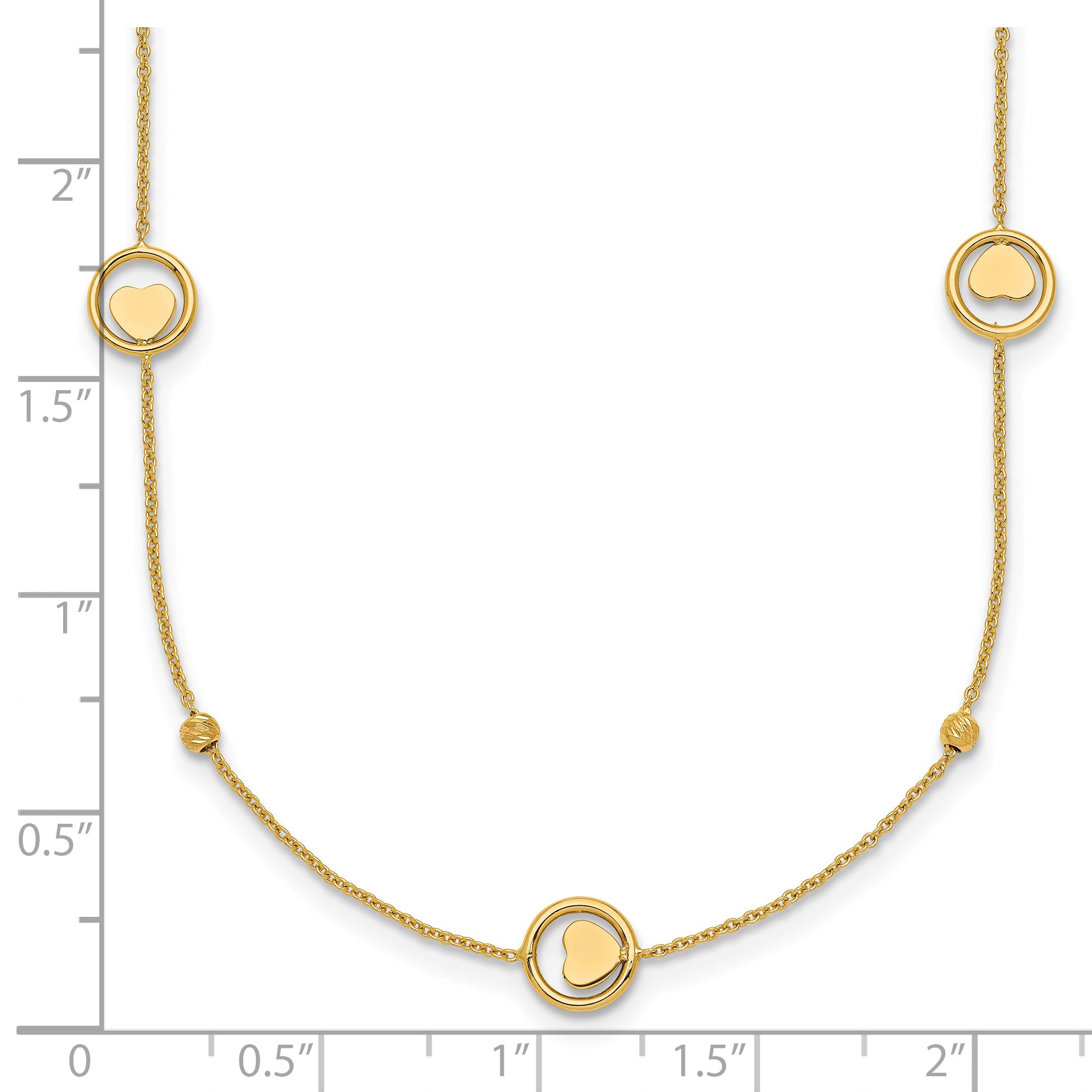 14k Polished Heart in Circle with Diamond-cut Beads 7-Station 16.75 inch Necklace