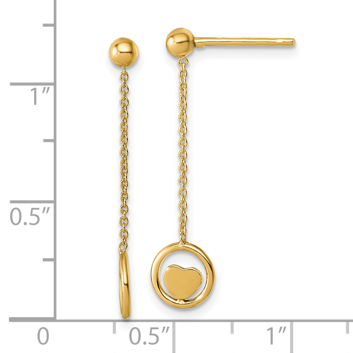 14k Polished Heart in Circle with Chain Dangle Post Earrings