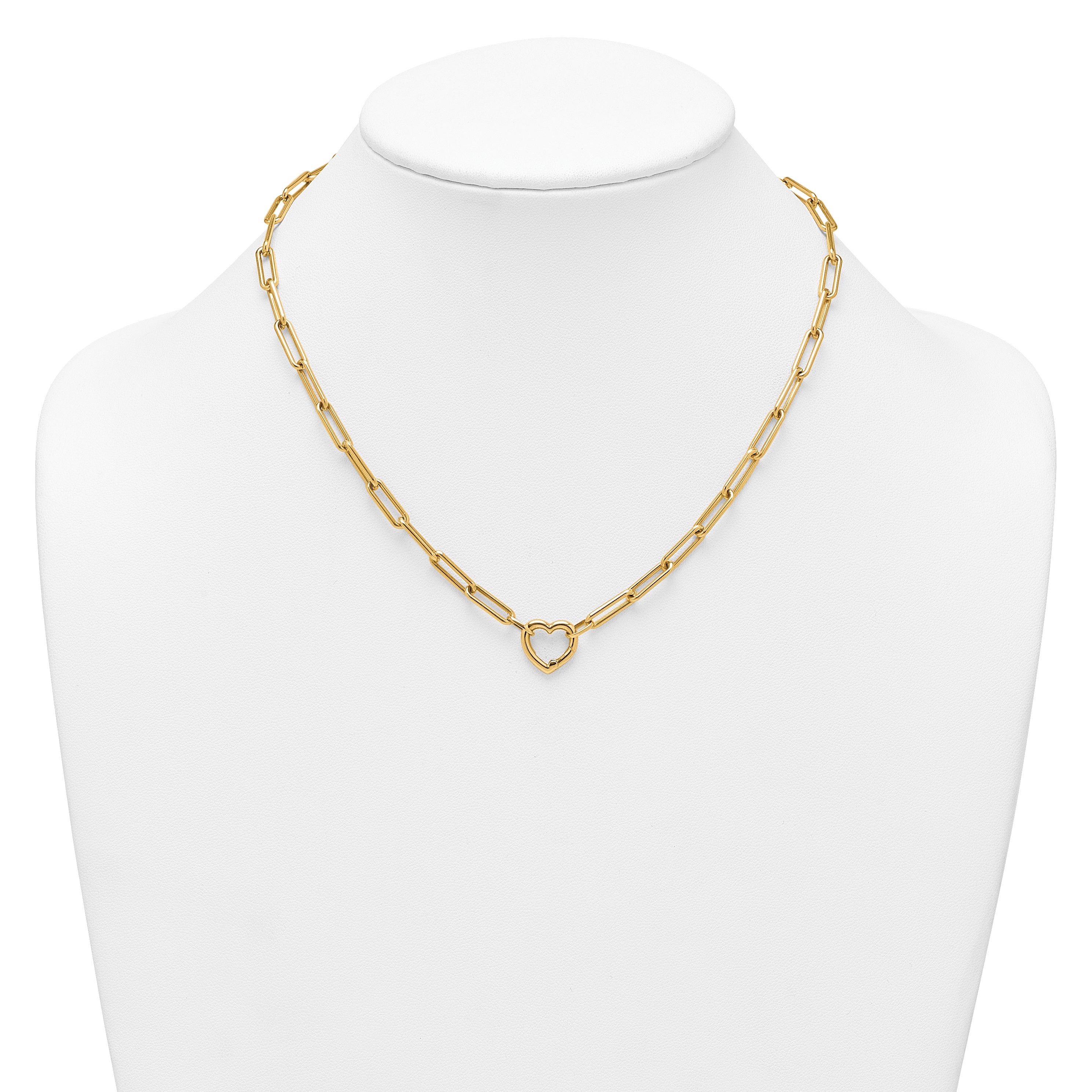 14k Polished Heart Clasp 17.5 inch Paperclip Chain Necklace