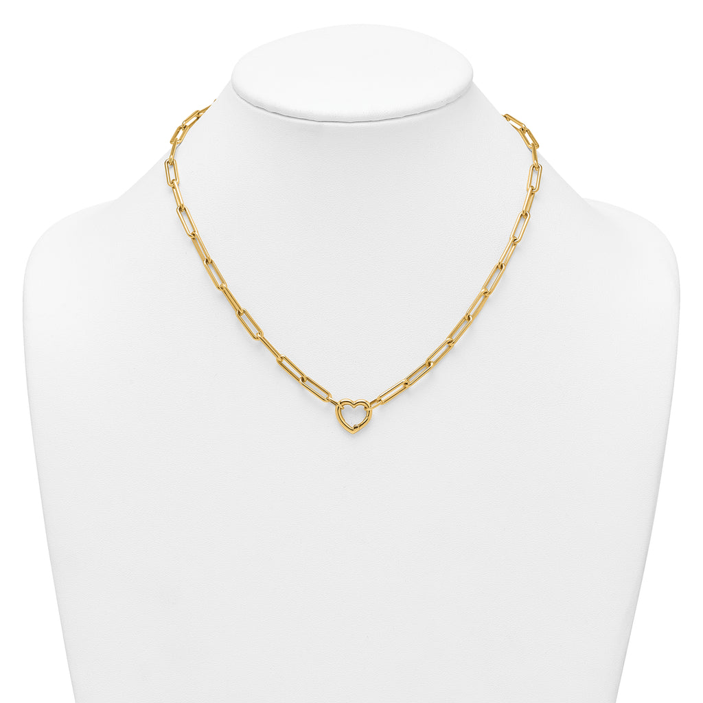 14k Polished Heart Clasp 17.5 inch Paperclip Chain Necklace