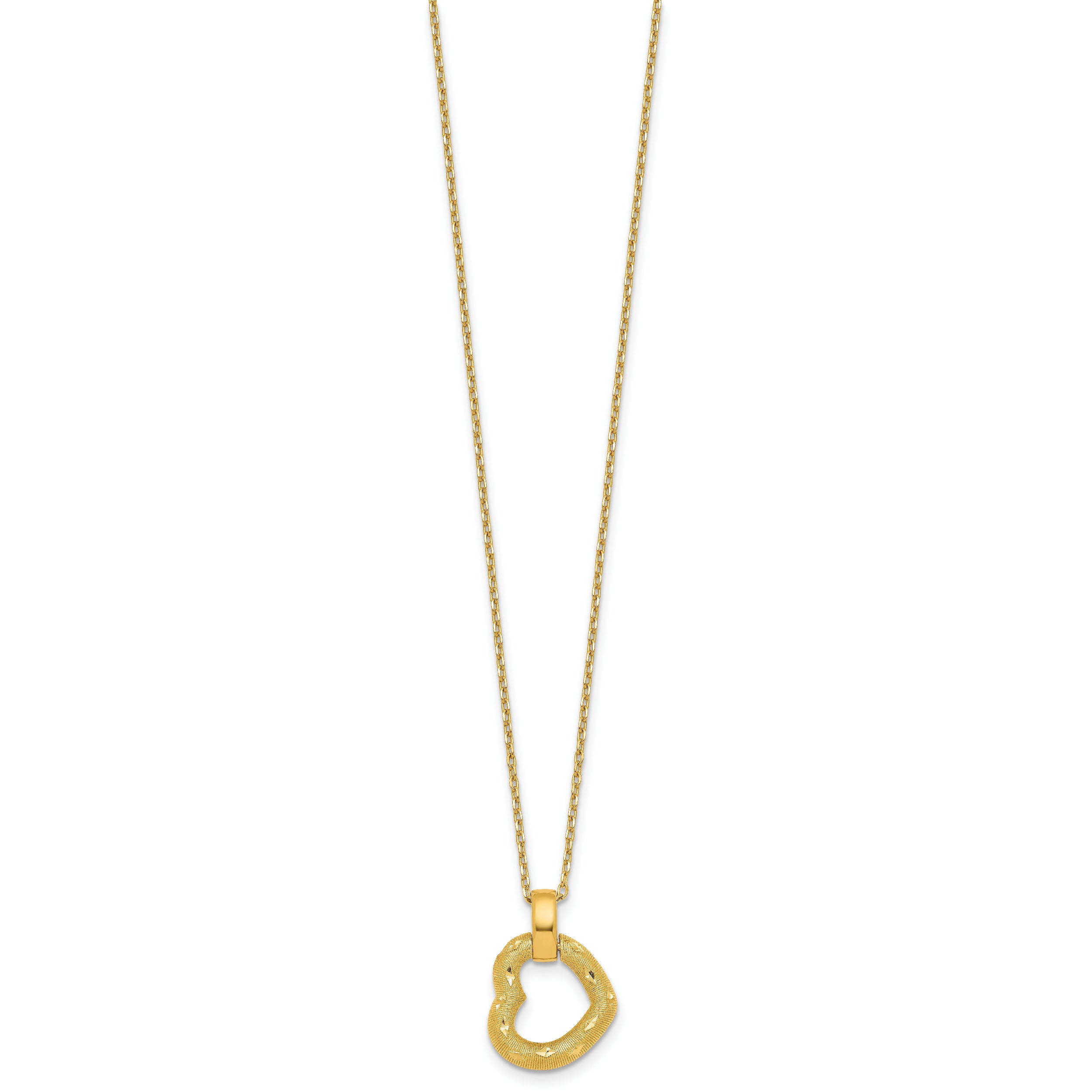 14K Polished Textured and Diamond-cut Fancy Heart Pendant 16 Inch Necklace with 2.25 Inch Extender