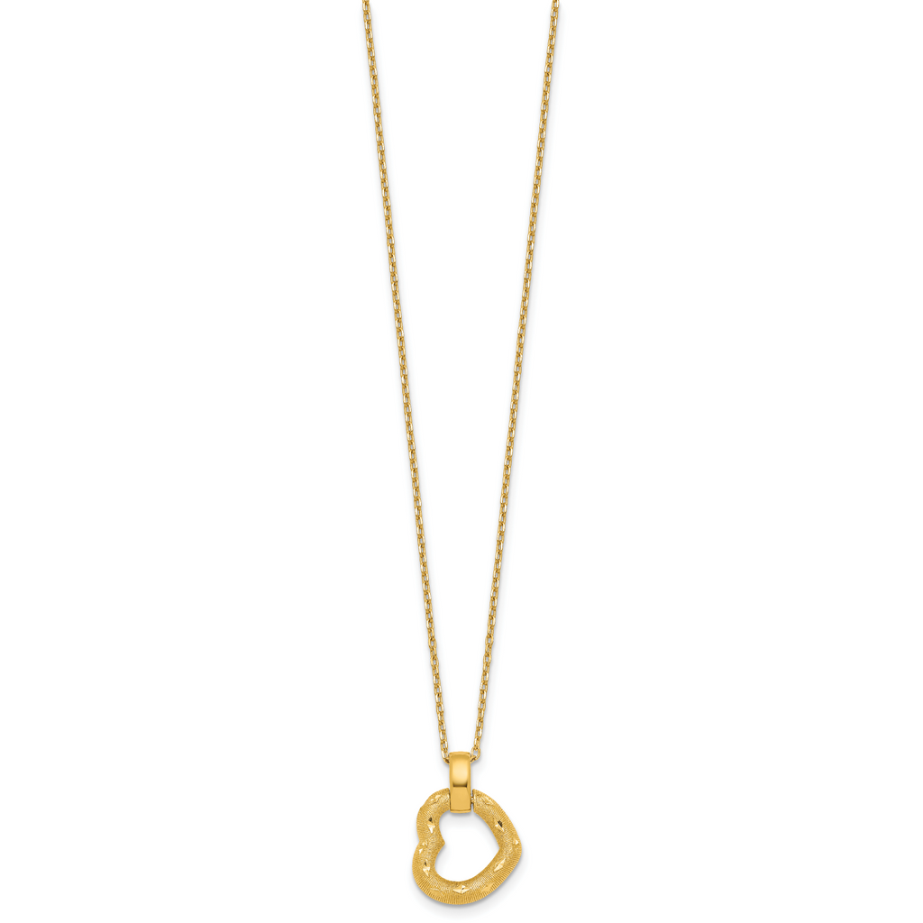 14K Polished Textured and Diamond-cut Fancy Heart Pendant 16 Inch Necklace with 2.25 Inch Extender