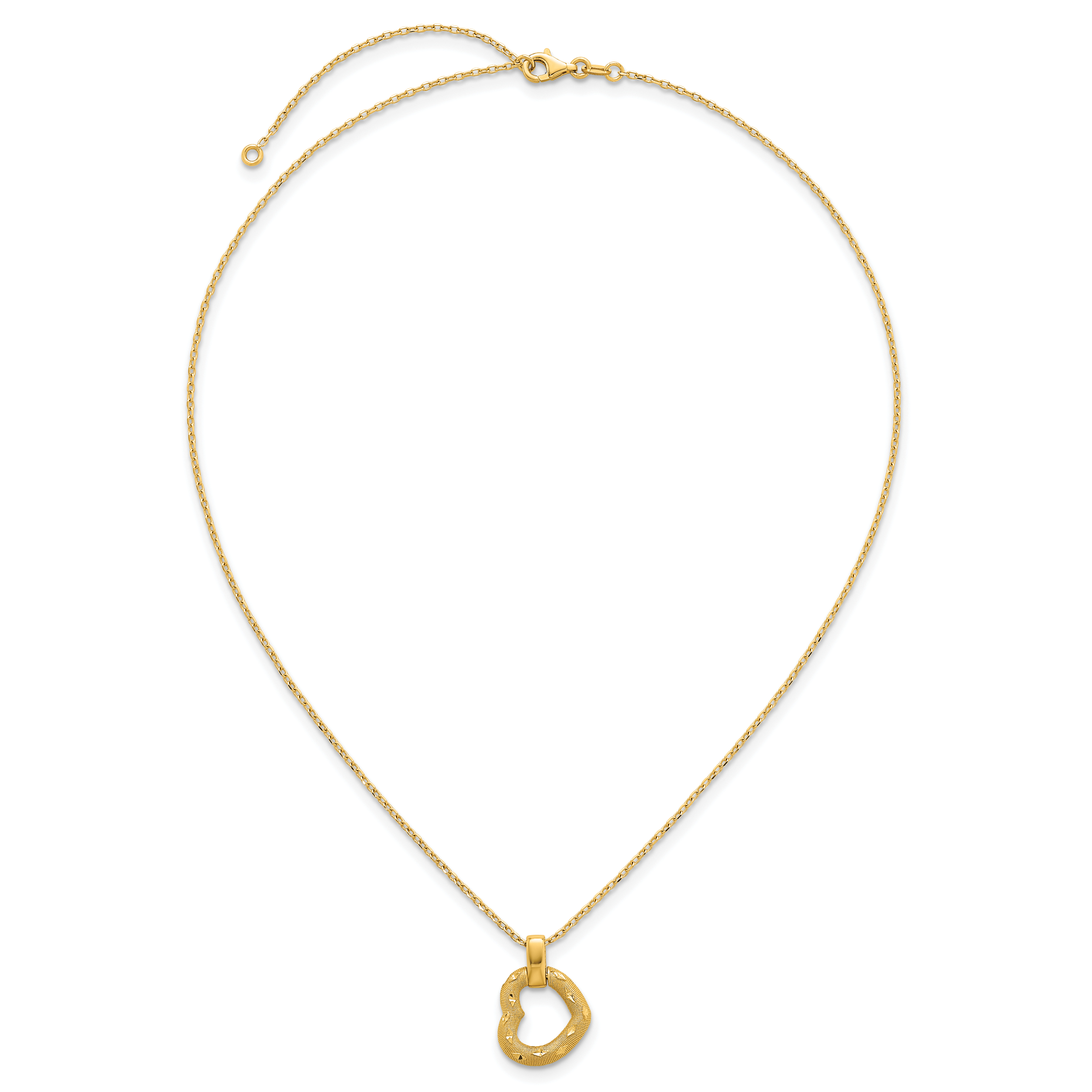 14K Polished Textured and Diamond-cut Fancy Heart Pendant 16 Inch Necklace with 2.25 Inch Extender