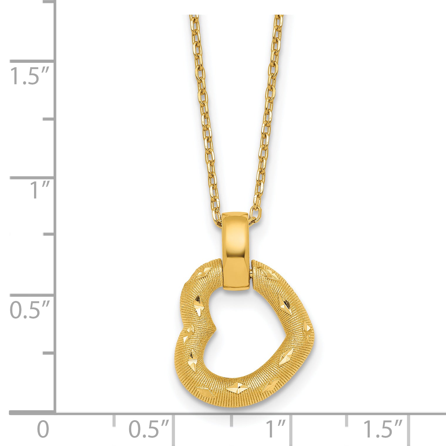 14K Polished Textured and Diamond-cut Fancy Heart Pendant 16 Inch Necklace with 2.25 Inch Extender