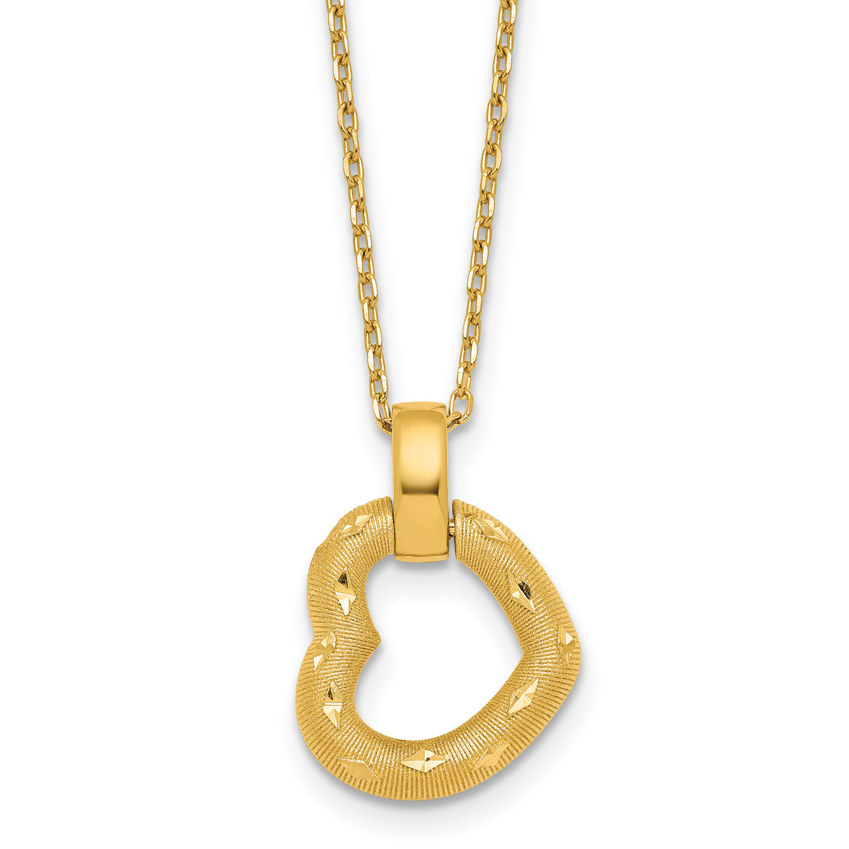 14K Polished Textured and Diamond-cut Fancy Heart Pendant 16 Inch Necklace with 2.25 Inch Extender