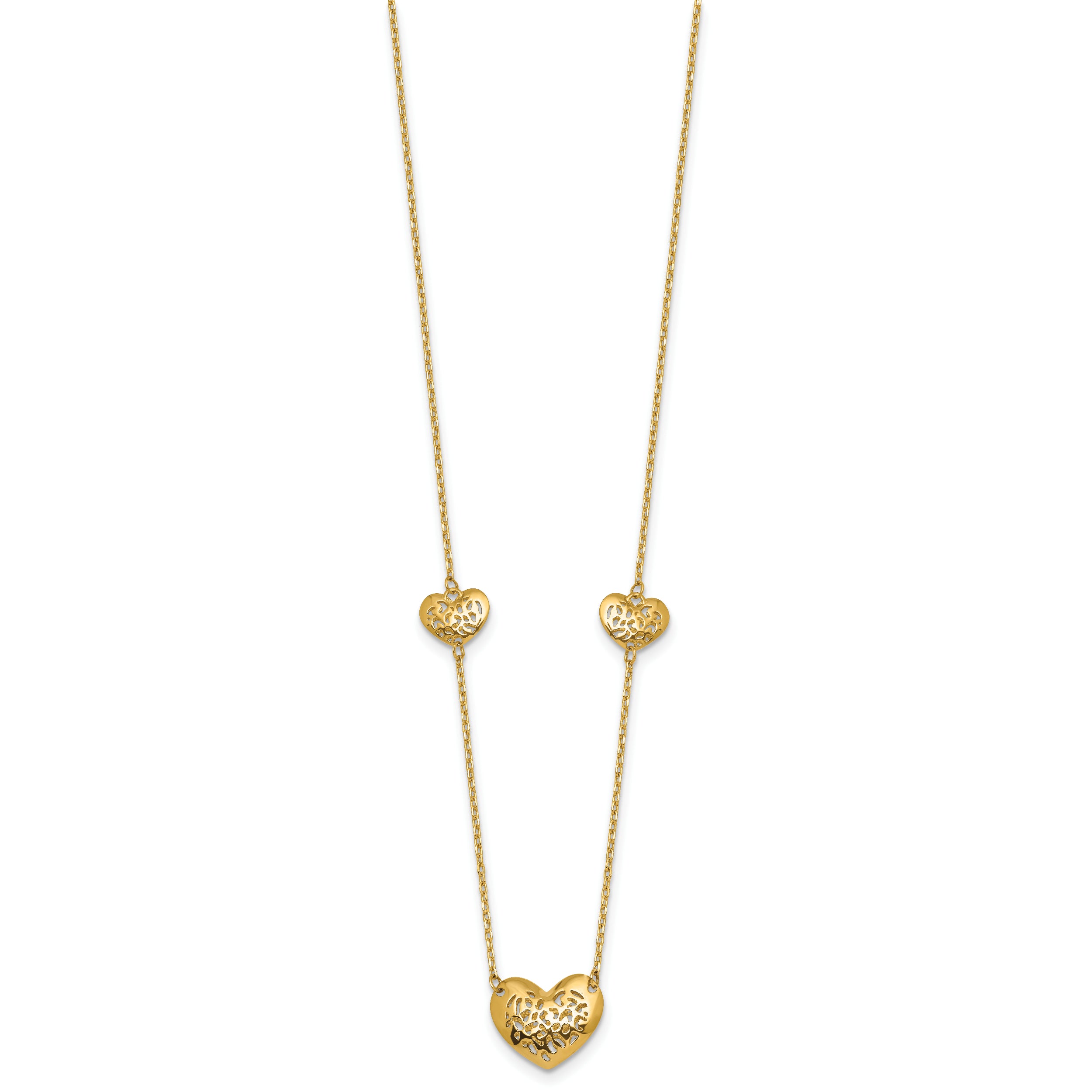 14K Polished Filigree Puffed Heart 3-Station 16 inch Necklace Plus 2 inch Extender