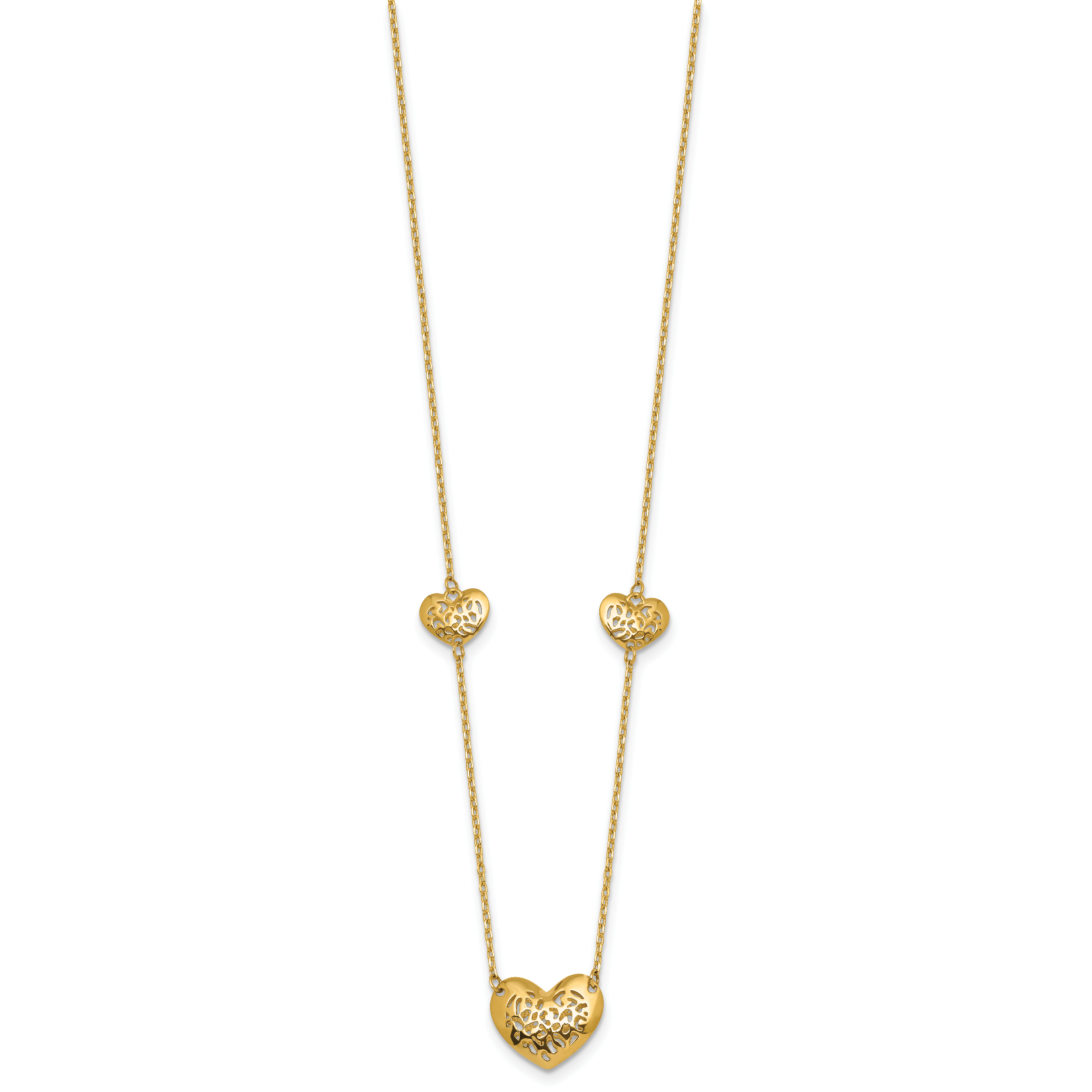 14K Polished Filigree Puffed Heart 3-Station 16 inch Necklace Plus 2 inch Extender Main image