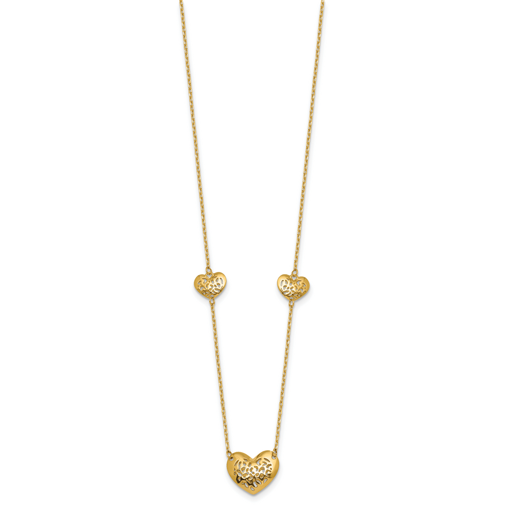 14K Polished Filigree Puffed Heart 3-Station 16 inch Necklace Plus 2 inch Extender