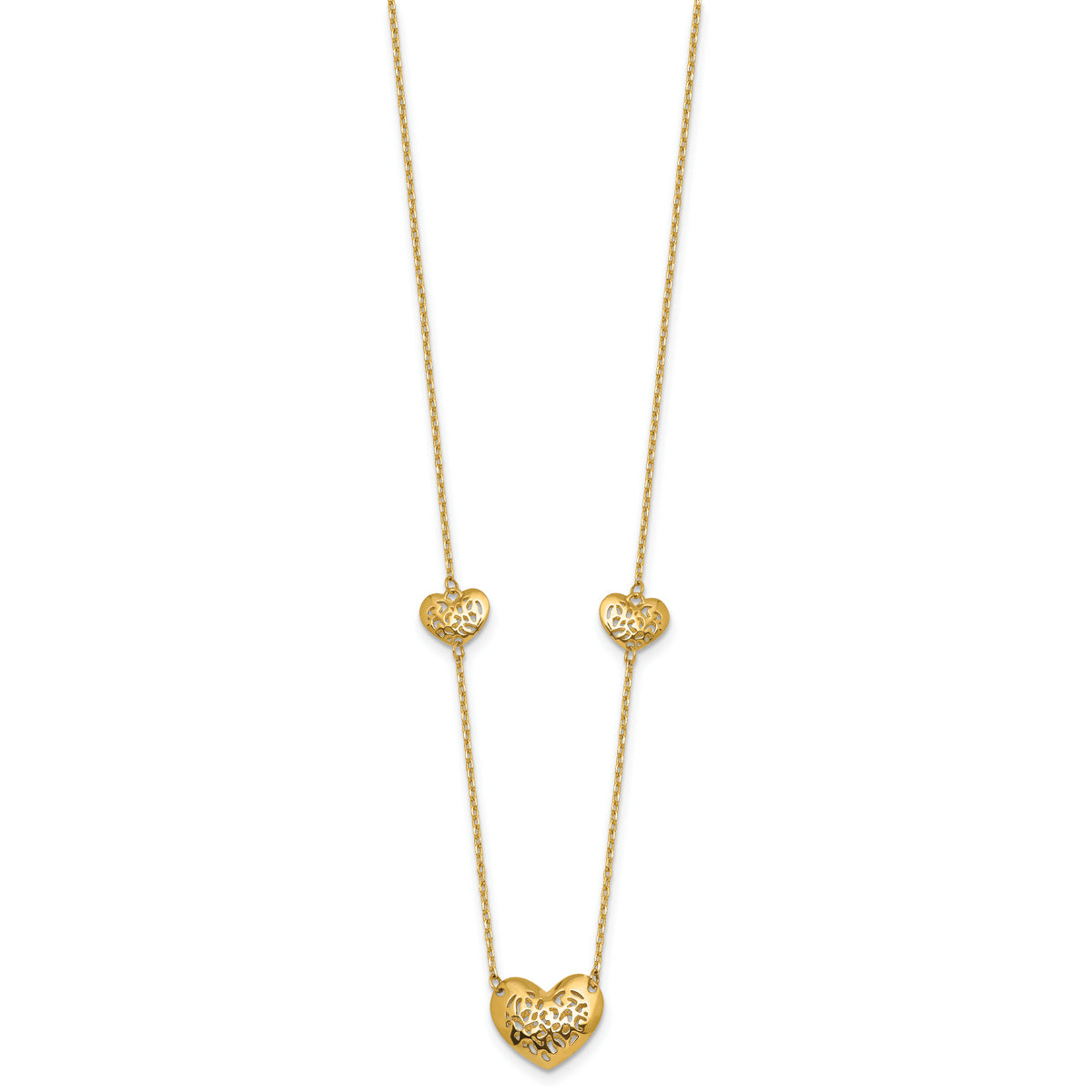 14K Polished Filigree Puffed Heart 3-Station 16 inch Necklace Plus 2 inch Extender