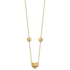 14K Polished Filigree Puffed Heart 3-Station 16 inch Necklace Plus 2 inch Extender