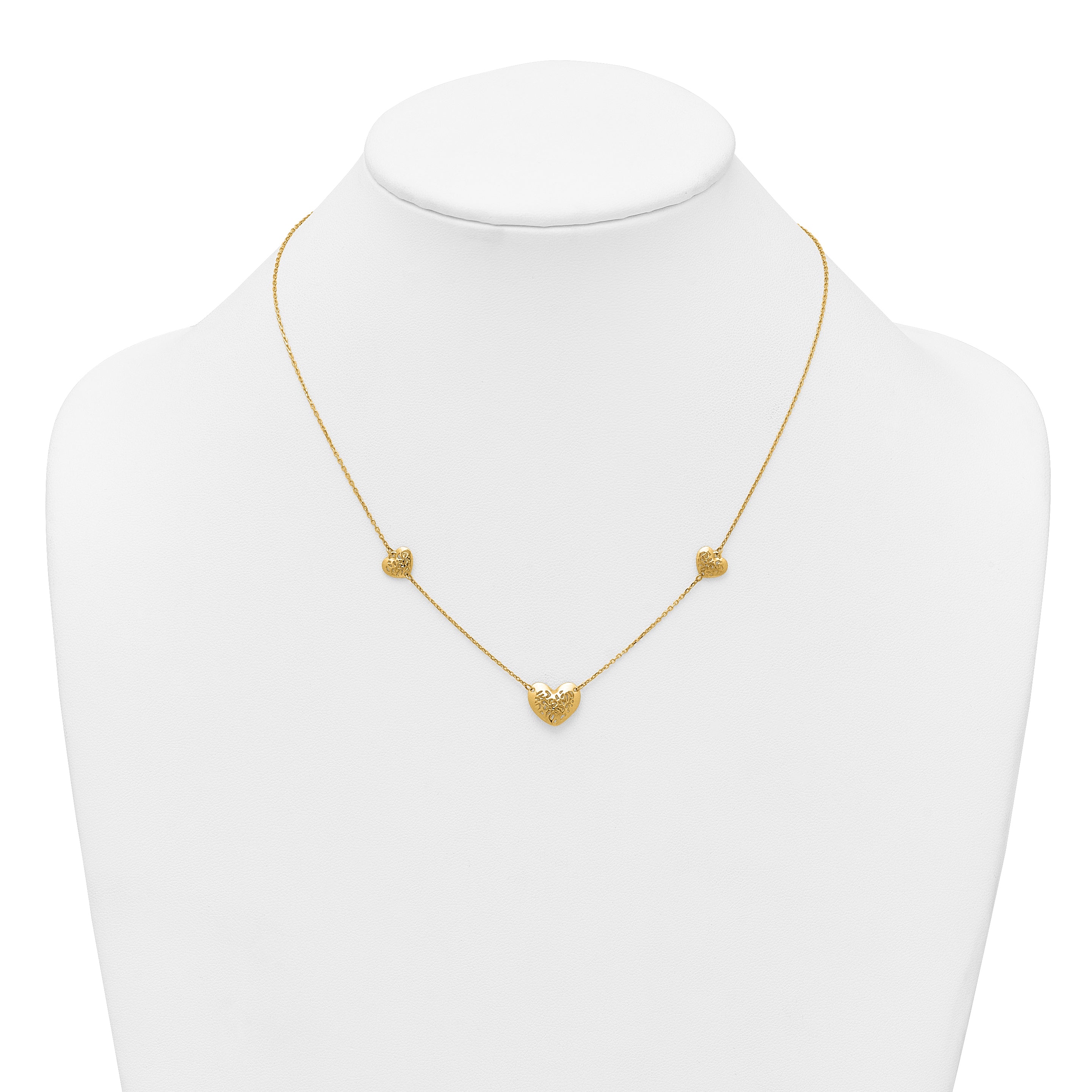 14K Polished Filigree Puffed Heart 3-Station 16 inch Necklace Plus 2 inch Extender
