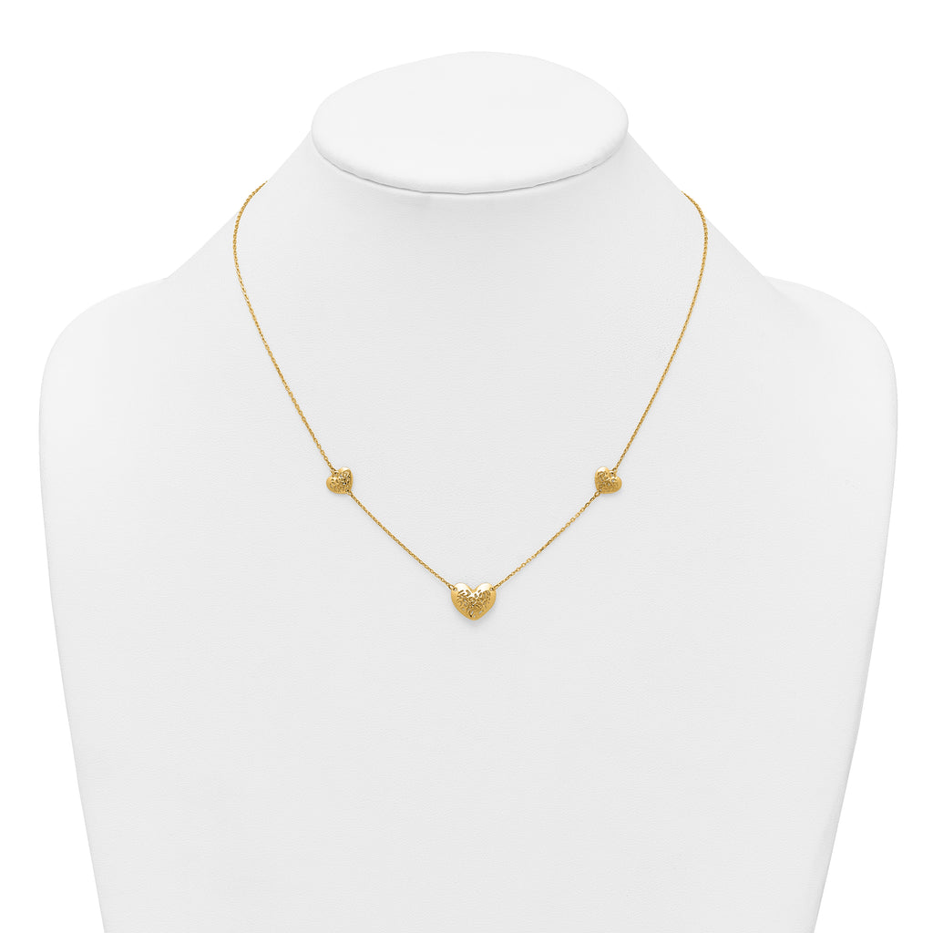 14K Polished Filigree Puffed Heart 3-Station 16 inch Necklace Plus 2 inch Extender