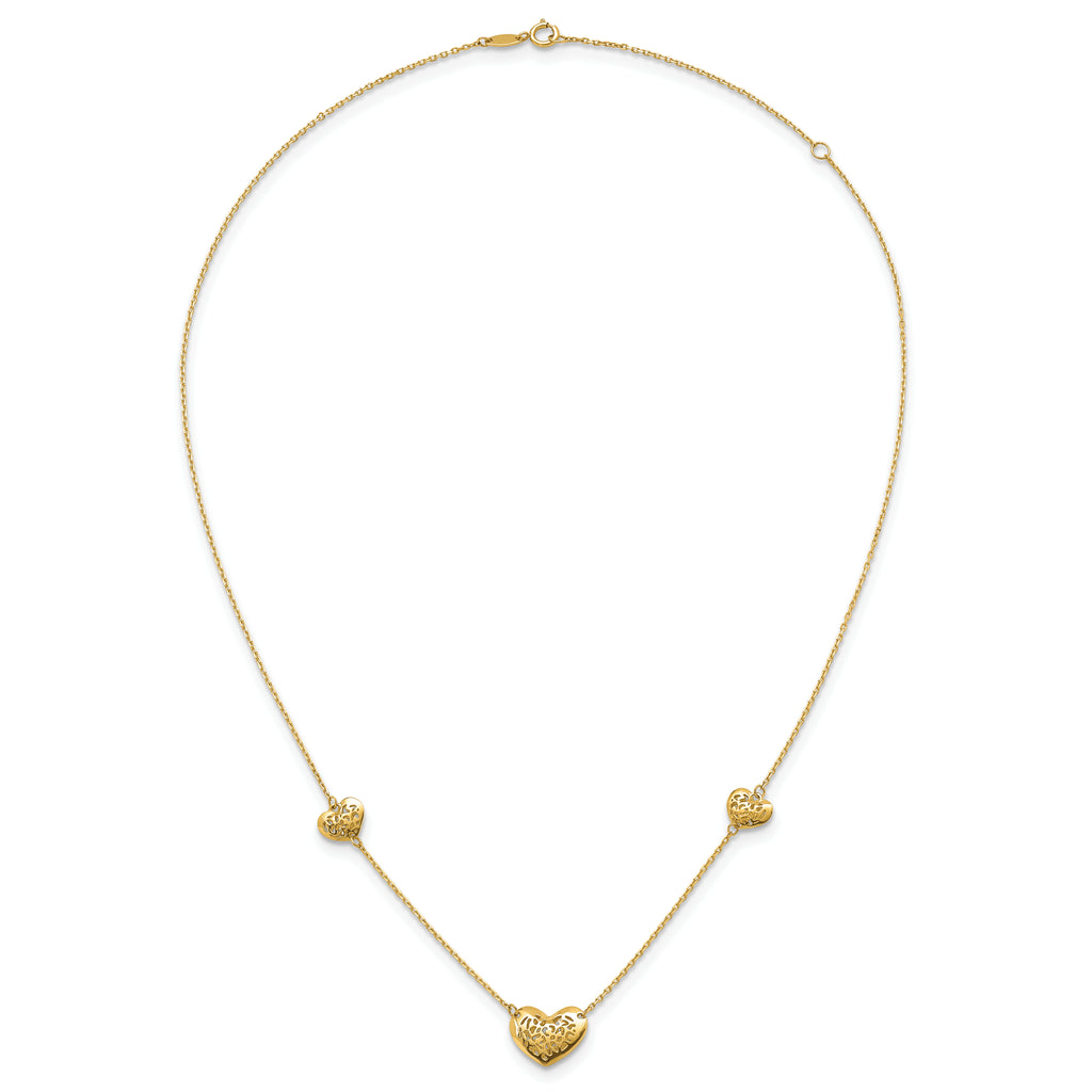 14K Polished Filigree Puffed Heart 3-Station 16 inch Necklace Plus 2 inch Extender