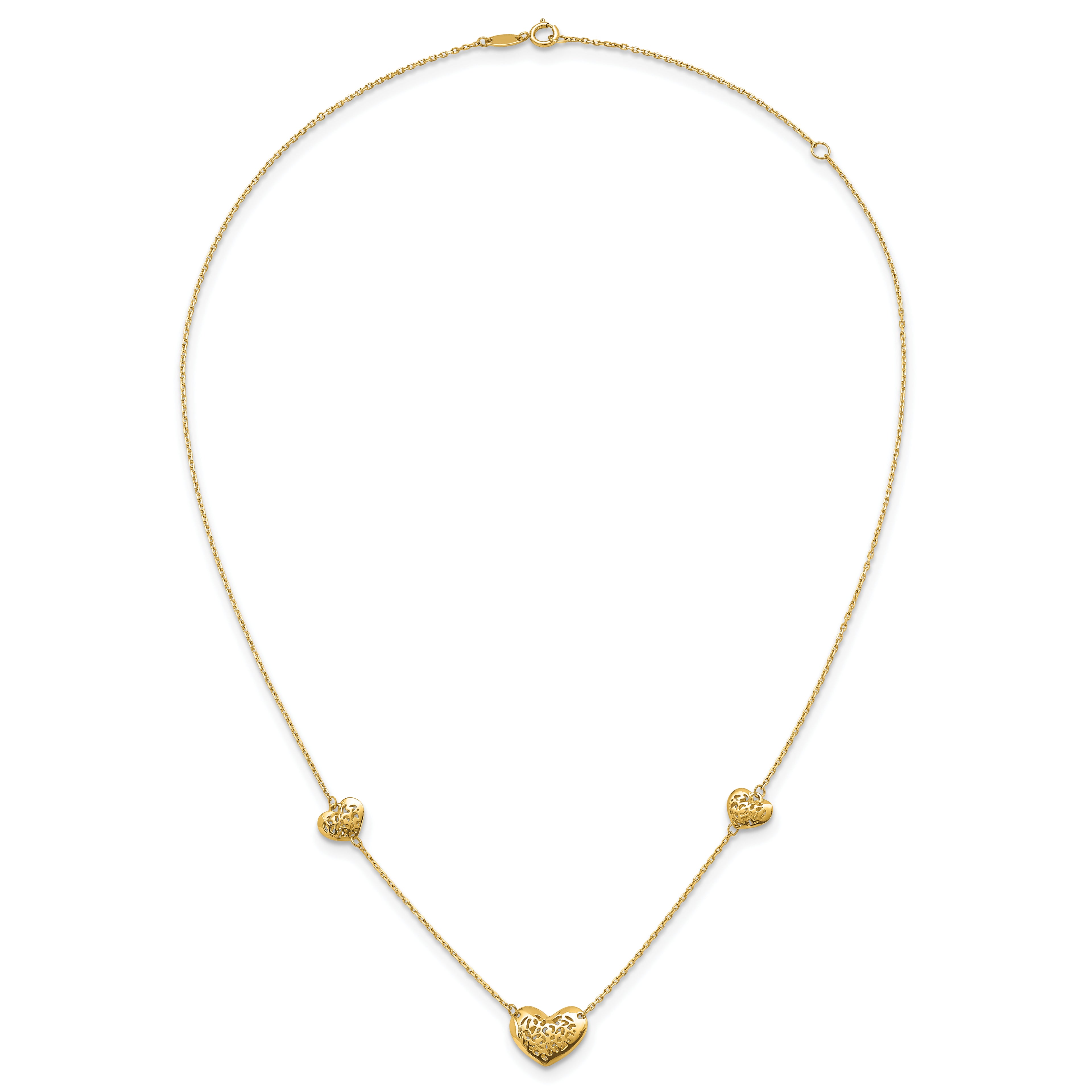 14K Polished Filigree Puffed Heart 3-Station 16 inch Necklace Plus 2 inch Extender