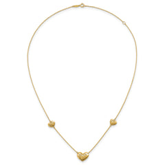 14K Polished Filigree Puffed Heart 3-Station 16 inch Necklace Plus 2 inch Extender