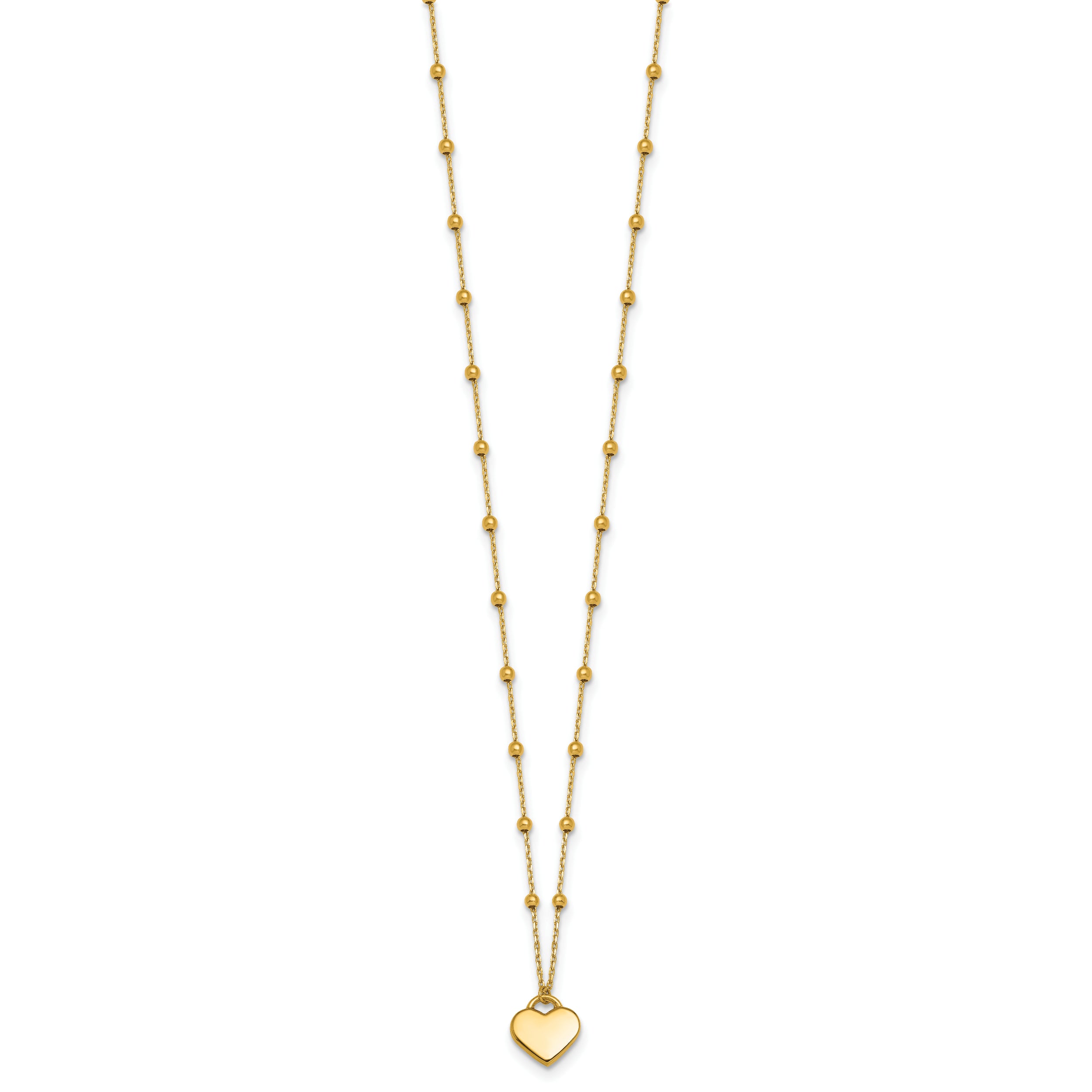 14k Polished Heart Pendant and Beaded Chain 16 inch Necklace Plus 2 inch Extender