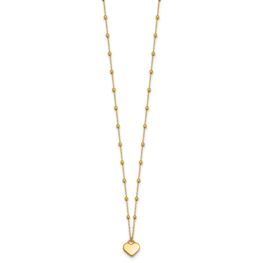 14k Polished Heart Pendant and Beaded Chain 16 inch Necklace Plus 2 inch Extender