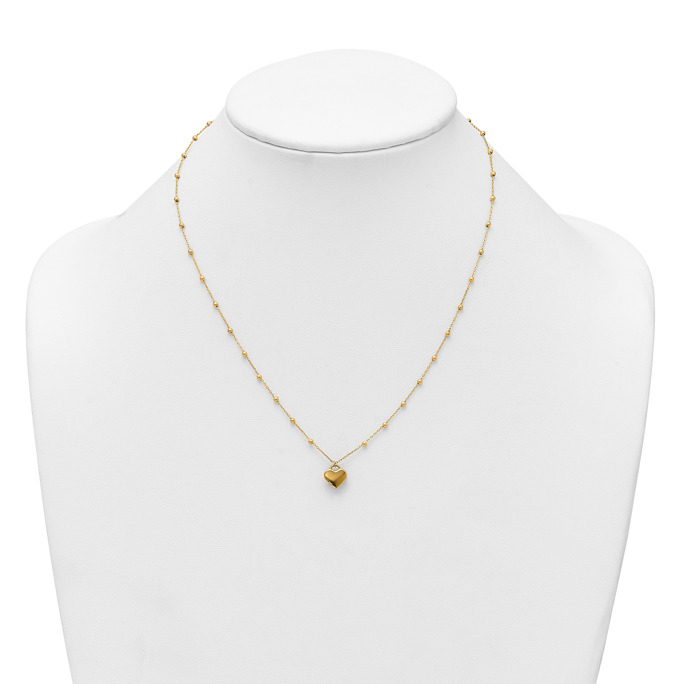 14k Polished Heart Pendant and Beaded Chain 16 inch Necklace Plus 2 inch Extender