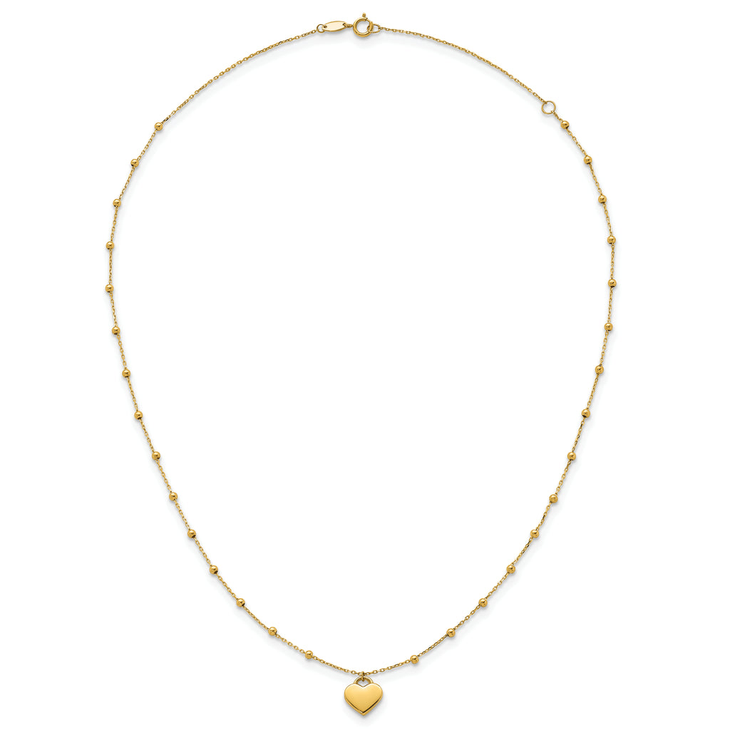 14k Polished Heart Pendant and Beaded Chain 16 inch Necklace Plus 2 inch Extender