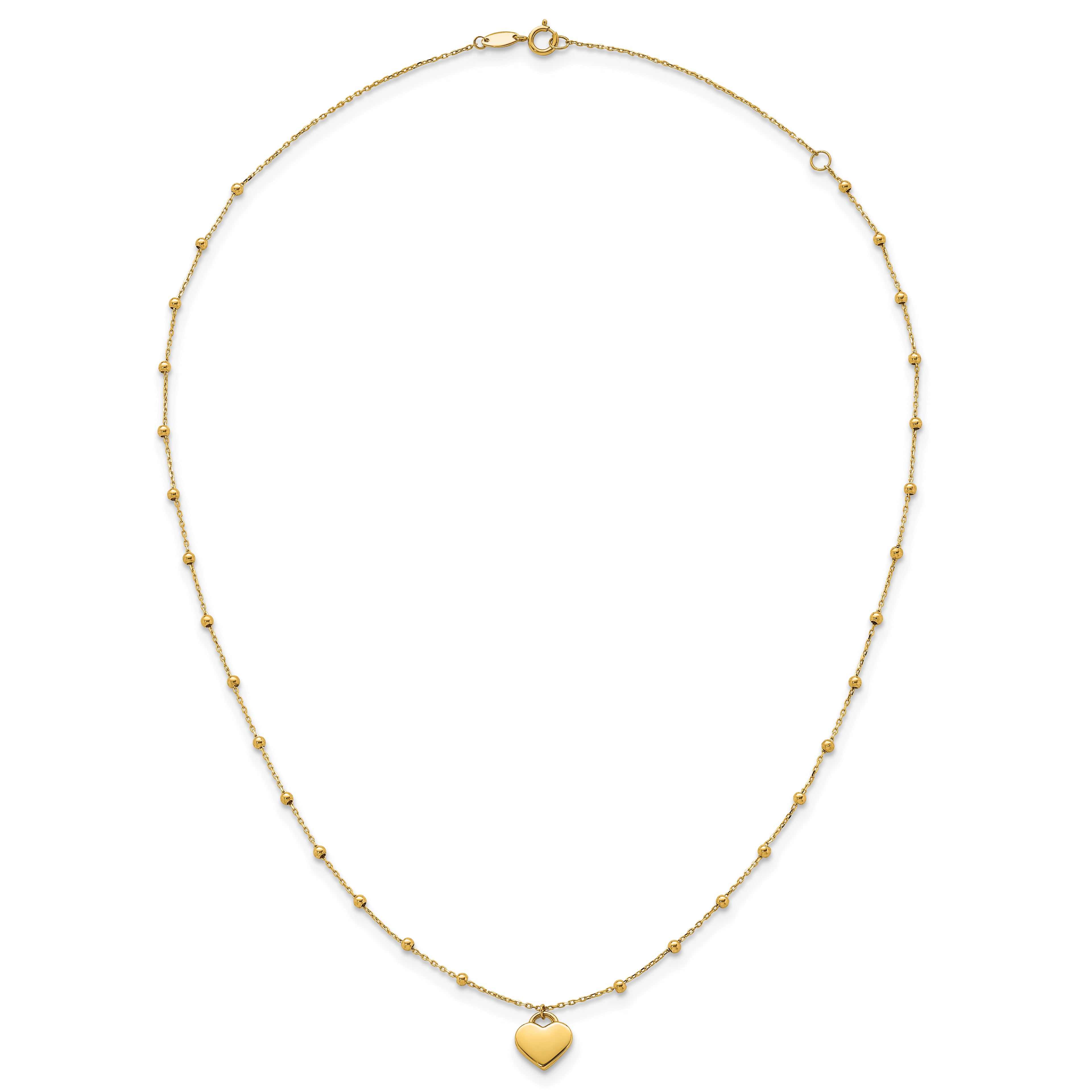 14k Polished Heart Pendant and Beaded Chain 16 inch Necklace Plus 2 inch Extender