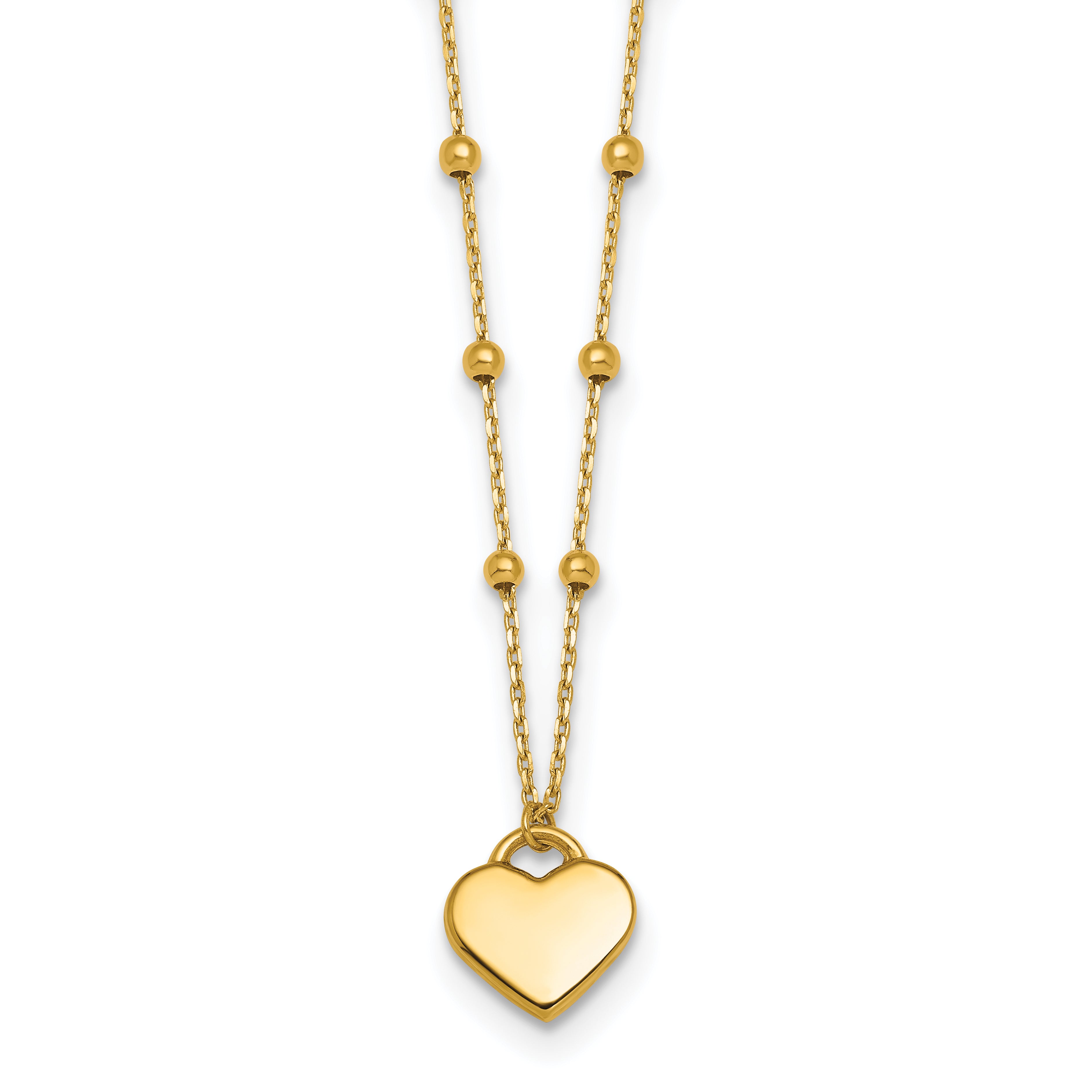14k Polished Heart Pendant and Beaded Chain 16 inch Necklace Plus 2 inch Extender Main image