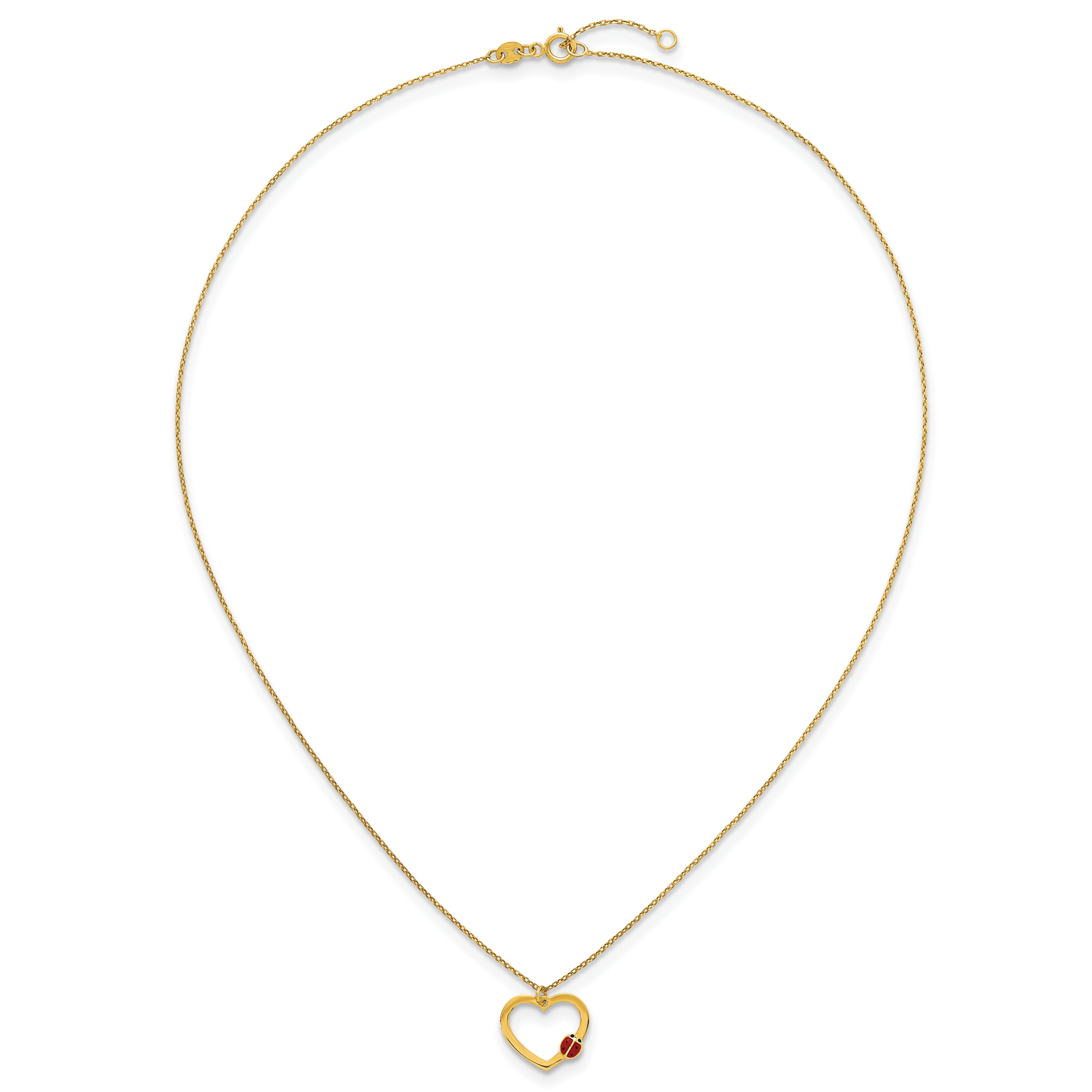 14k Polished Heart with Red and Black Enamel Ladybug 15.5 inch Childrens Necklace Plus 0.75 inch Extender