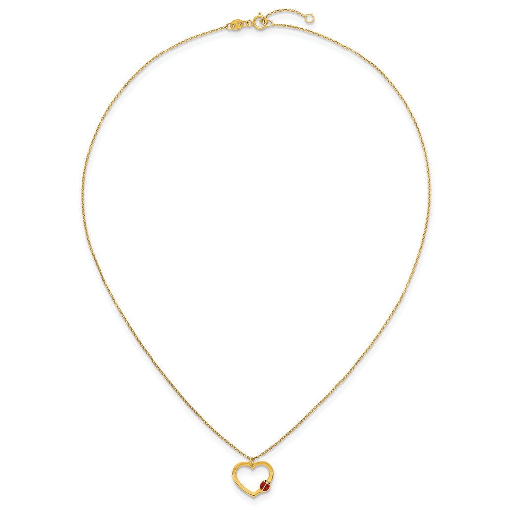 14k Polished Heart with Red and Black Enamel Ladybug 15.5 inch Childrens Necklace Plus 0.75 inch Extender