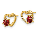 14K Polished Red and Black Enameled Ladybug on Heart Post Earrings