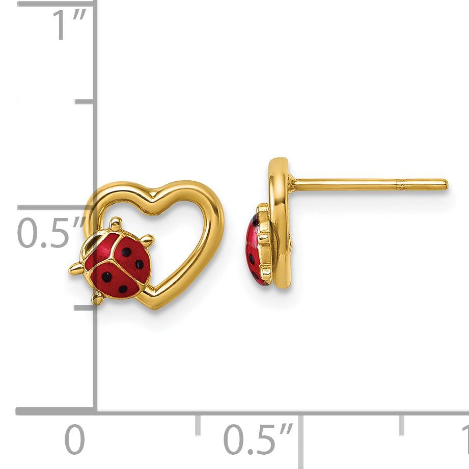 14K Polished Red and Black Enameled Ladybug on Heart Post Earrings