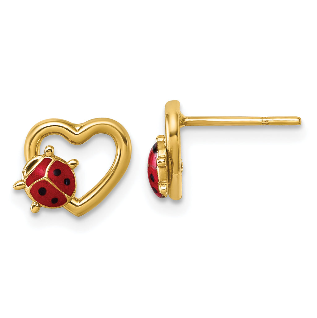 14K Polished Red and Black Enameled Ladybug on Heart Post Earrings