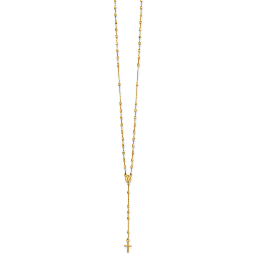 14k Polished Cross and Miraculous Medal Diamond-cut Beaded 16.75 inch Rosary Necklace with 2 inch Extender