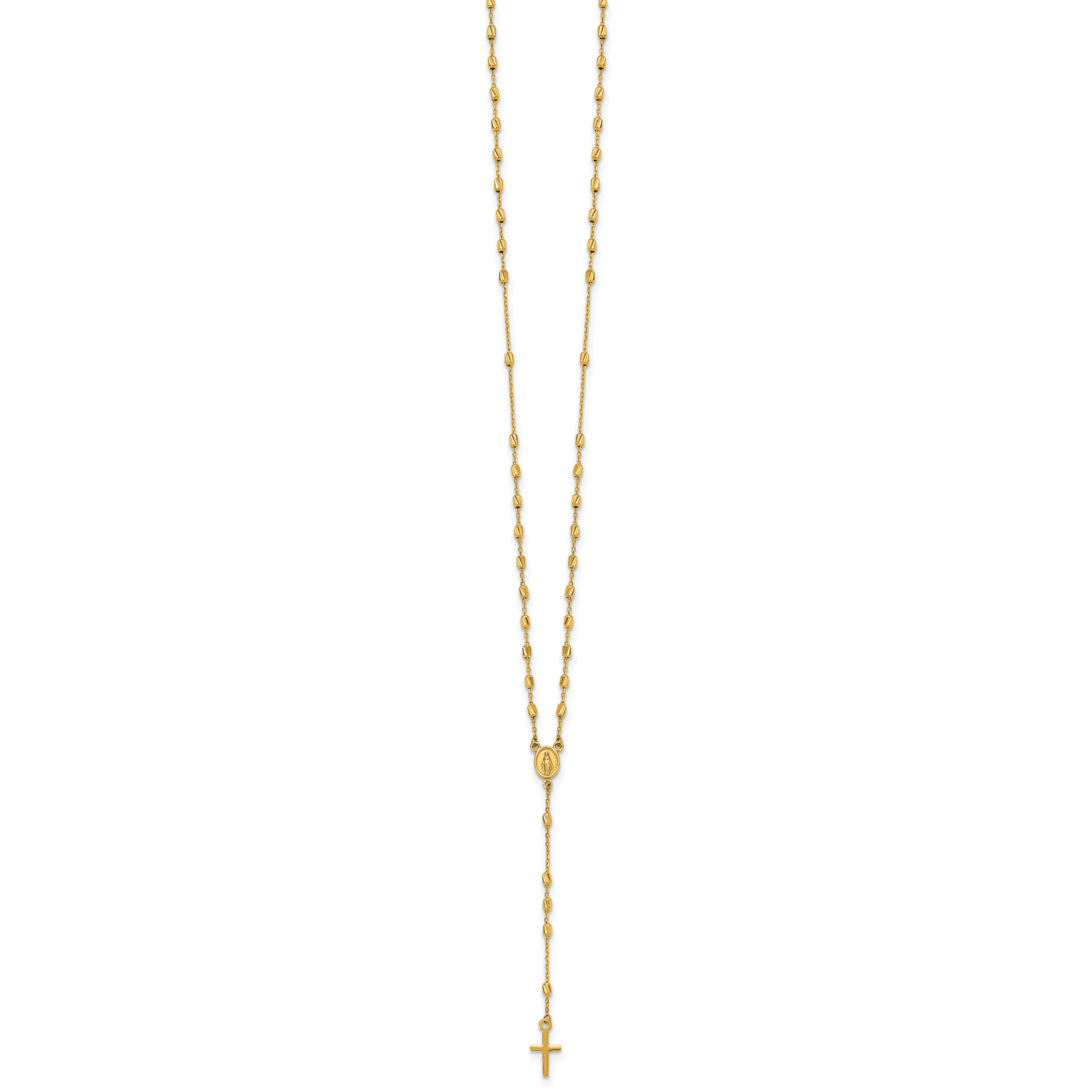 14k Polished Cross and Miraculous Medal Diamond-cut Beaded 16.75 inch Rosary Necklace with 2 inch Extender