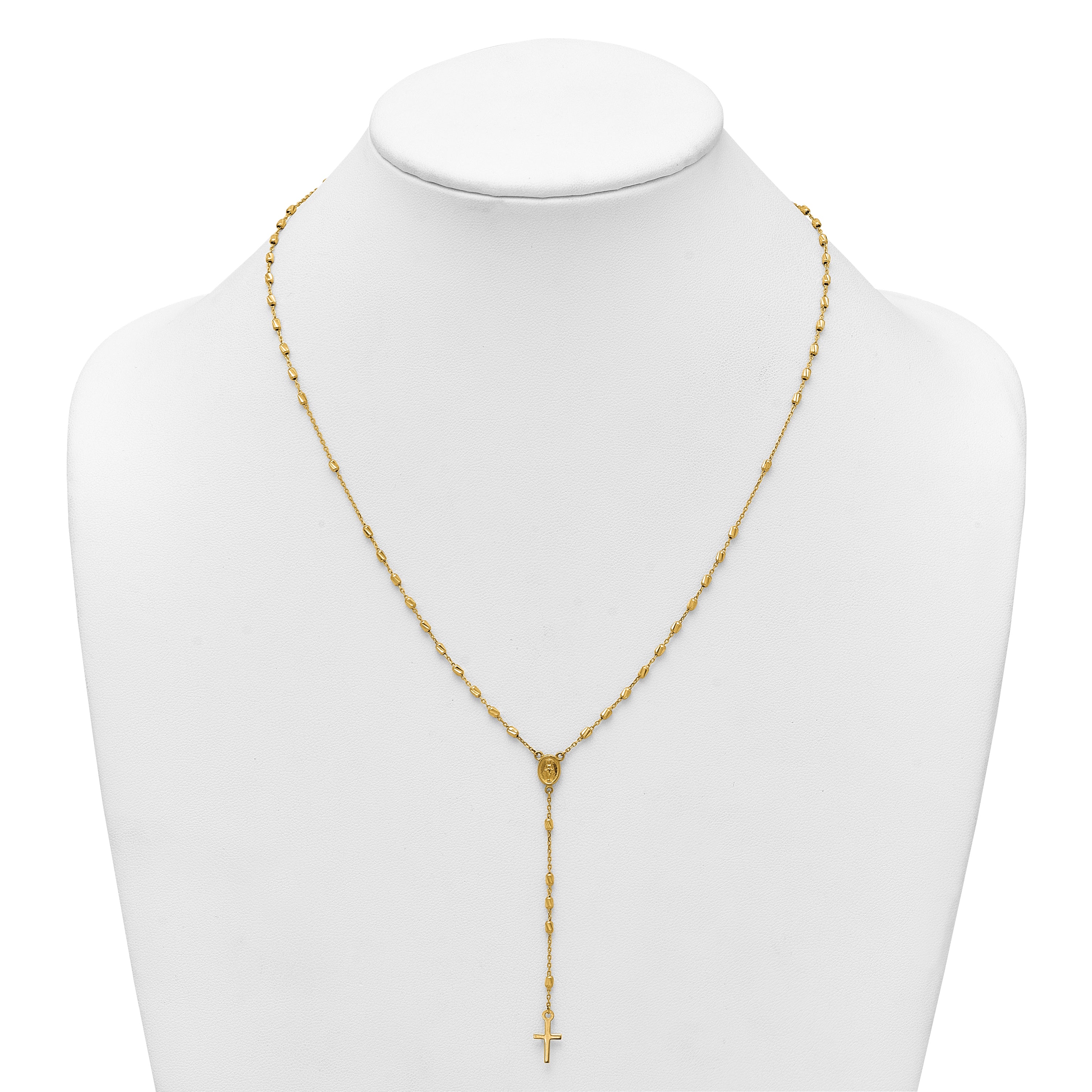 14k Polished Cross and Miraculous Medal Diamond-cut Beaded 16.75 inch Rosary Necklace with 2 inch Extender