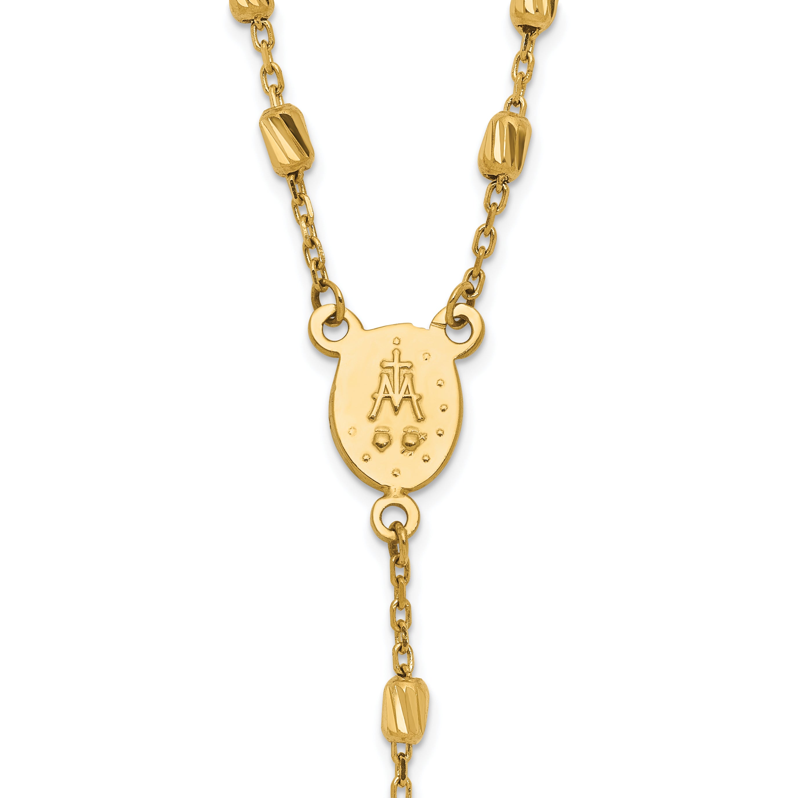 14k Polished Cross and Miraculous Medal Diamond-cut Beaded 16.75 inch Rosary Necklace with 2 inch Extender