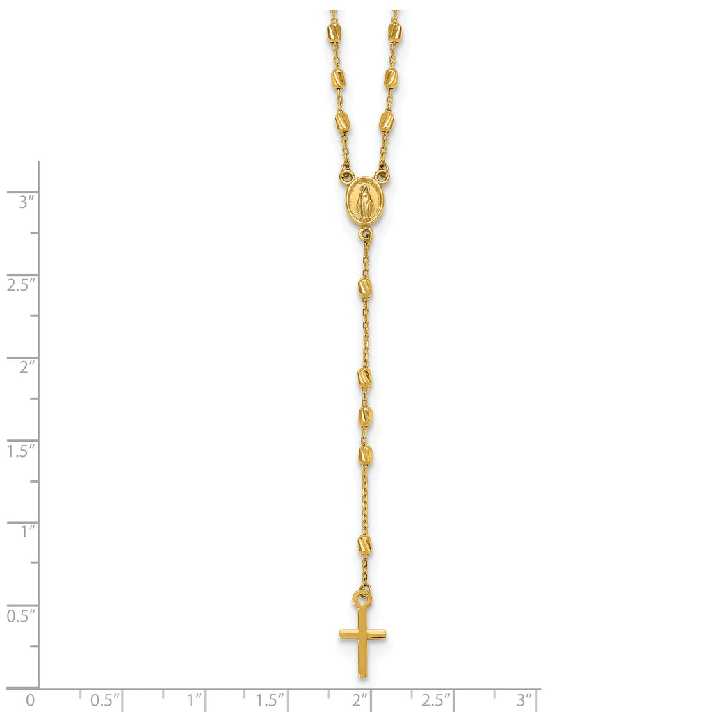 14k Polished Cross and Miraculous Medal Diamond-cut Beaded 16.75 inch Rosary Necklace with 2 inch Extender