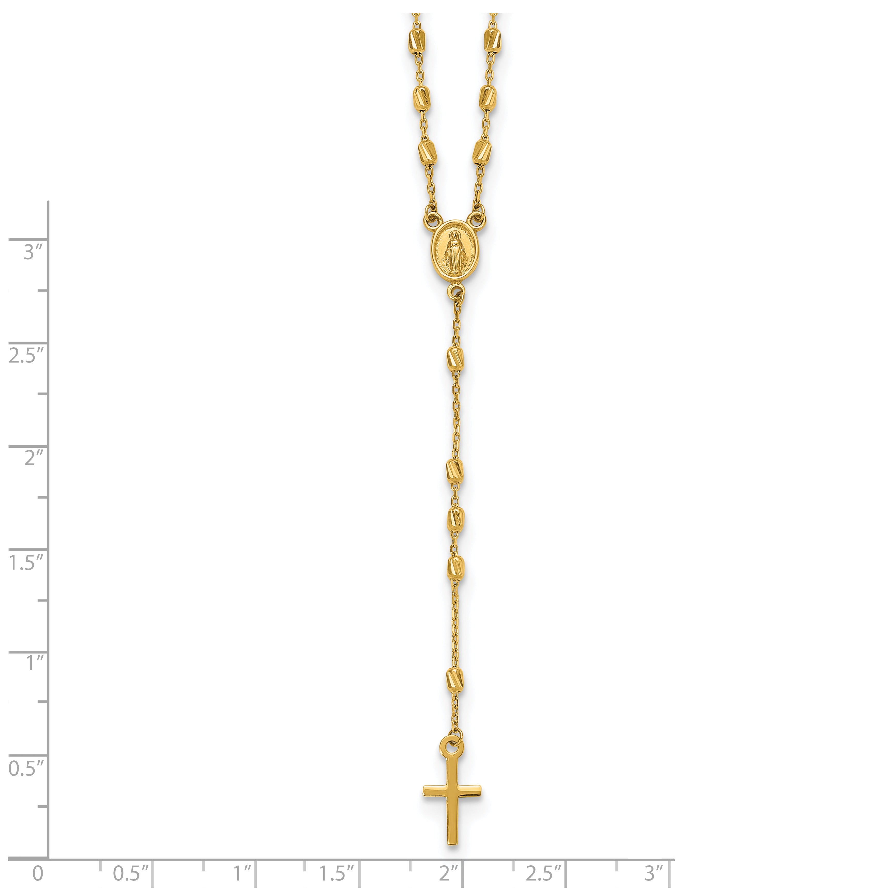 14k Polished Cross and Miraculous Medal Diamond-cut Beaded 16.75 inch Rosary Necklace with 2 inch Extender