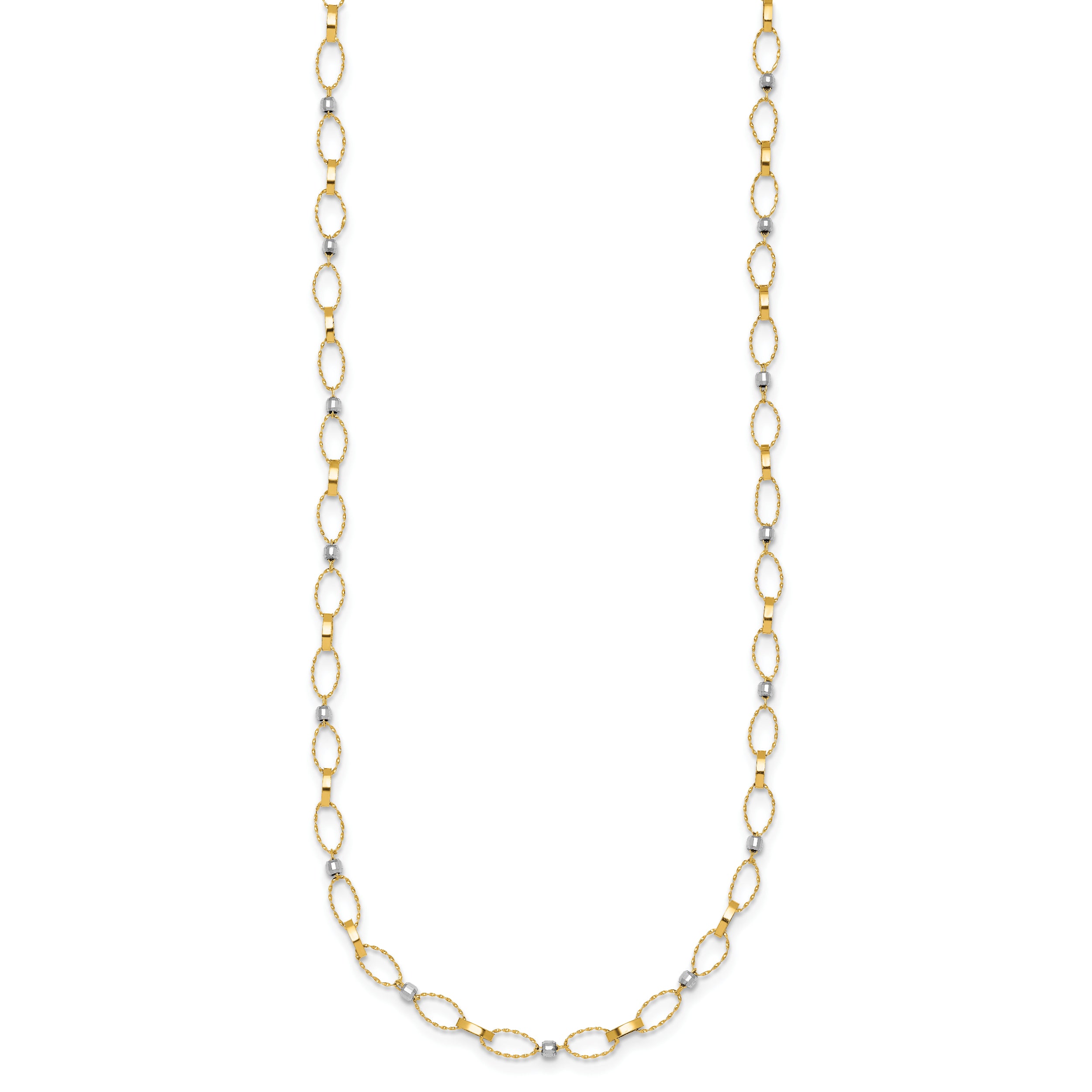 14k Two-tone Polished and Twisted Fancy Oval Links and Faceted Beads 18 inch Necklace