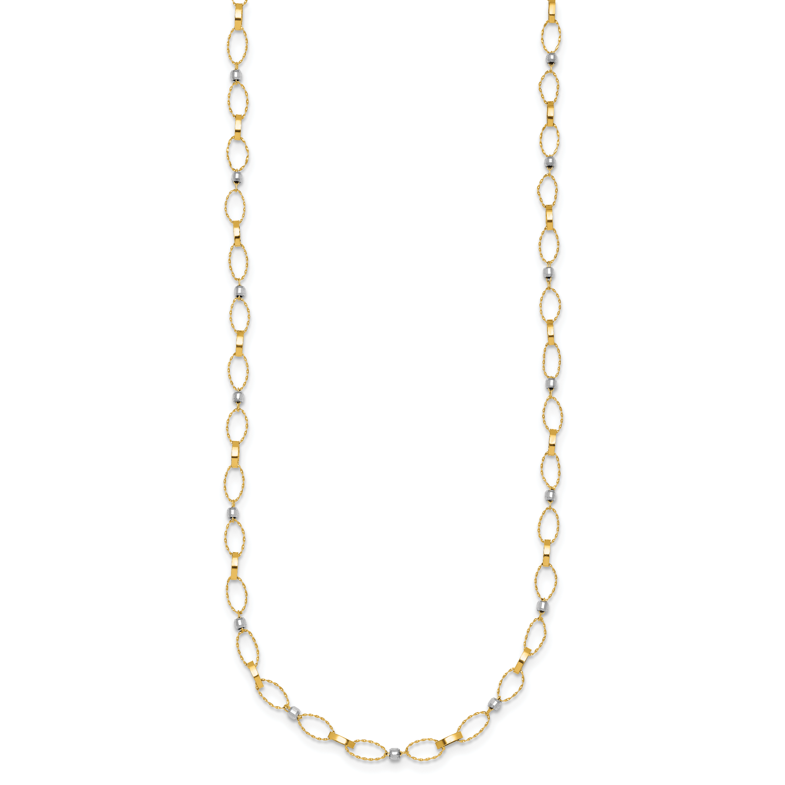 14k Two-tone Polished and Twisted Fancy Oval Links and Faceted Beads 18 inch Necklace
