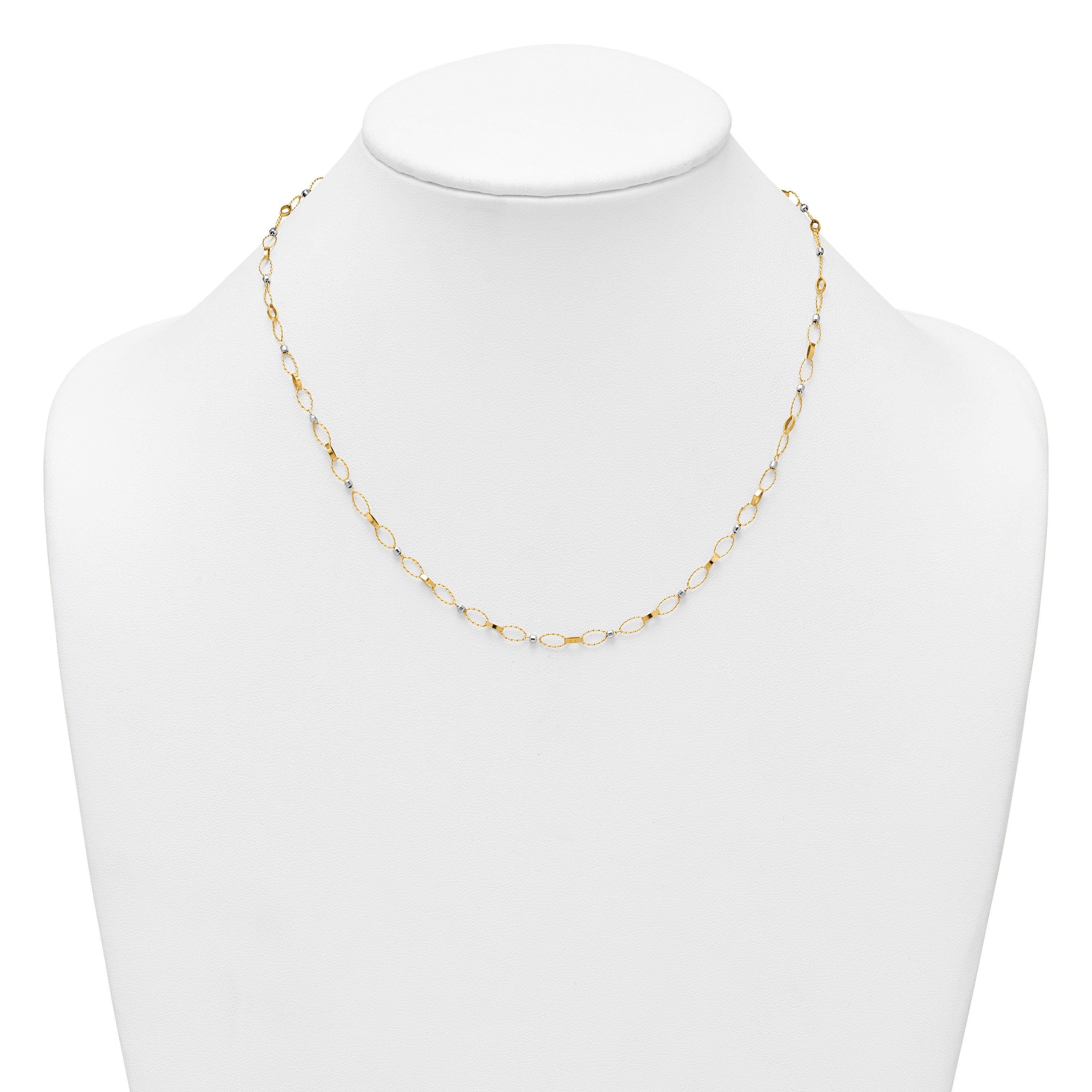 14k Two-tone Polished and Twisted Fancy Oval Links and Faceted Beads 18 inch Necklace