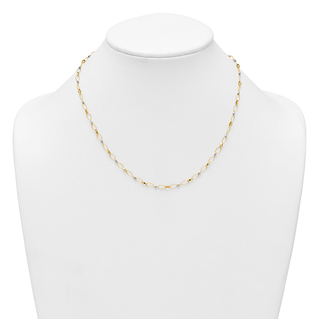 14k Two-tone Polished and Twisted Fancy Oval Links and Faceted Beads 18 inch Necklace