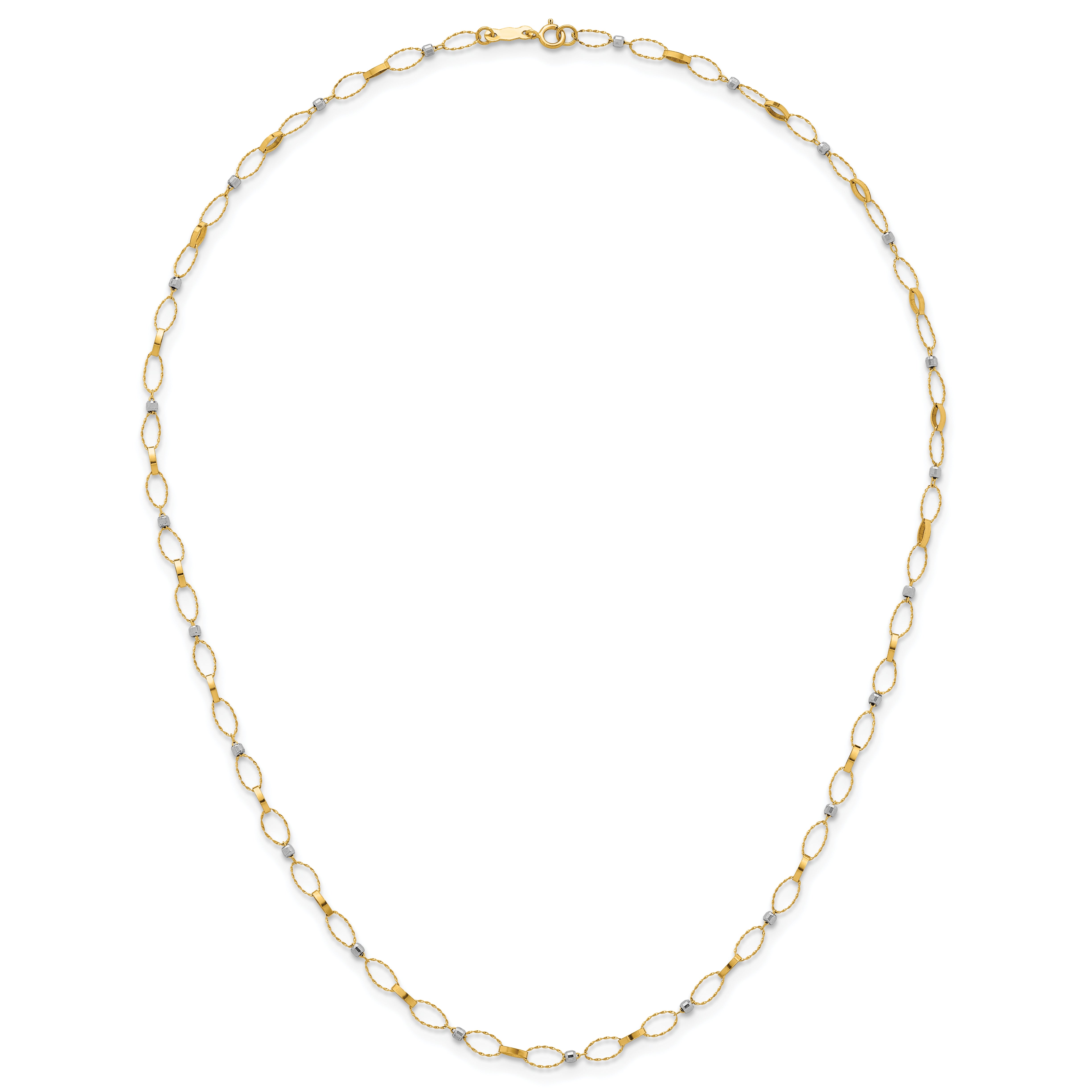 14k Two-tone Polished and Twisted Fancy Oval Links and Faceted Beads 18 inch Necklace