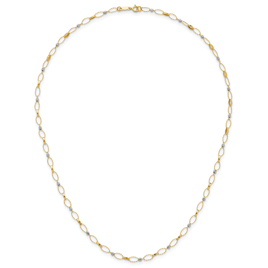 14k Two-tone Polished and Twisted Fancy Oval Links and Faceted Beads 18 inch Necklace