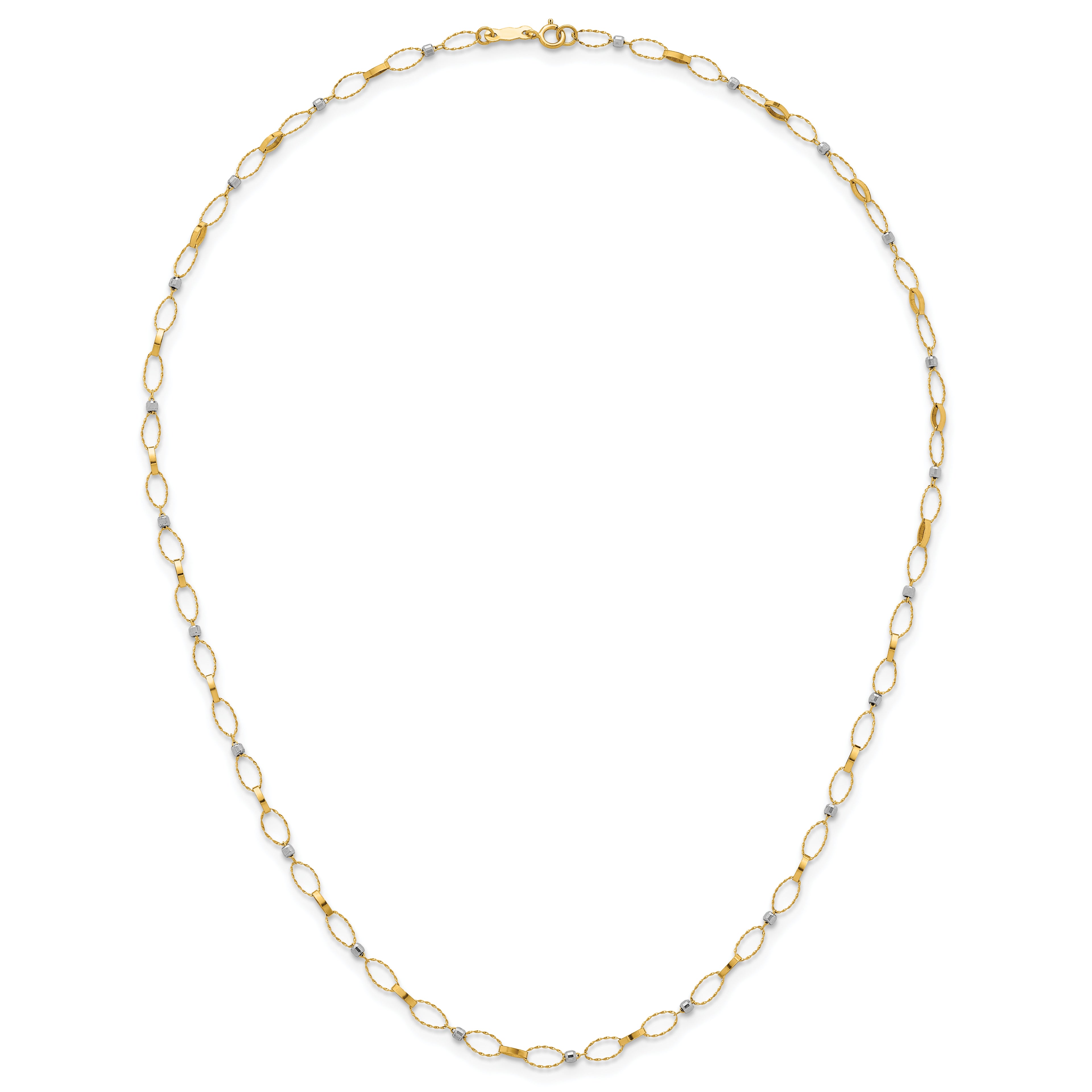 14k Two-tone Polished and Twisted Fancy Oval Links and Faceted Beads 18 inch Necklace