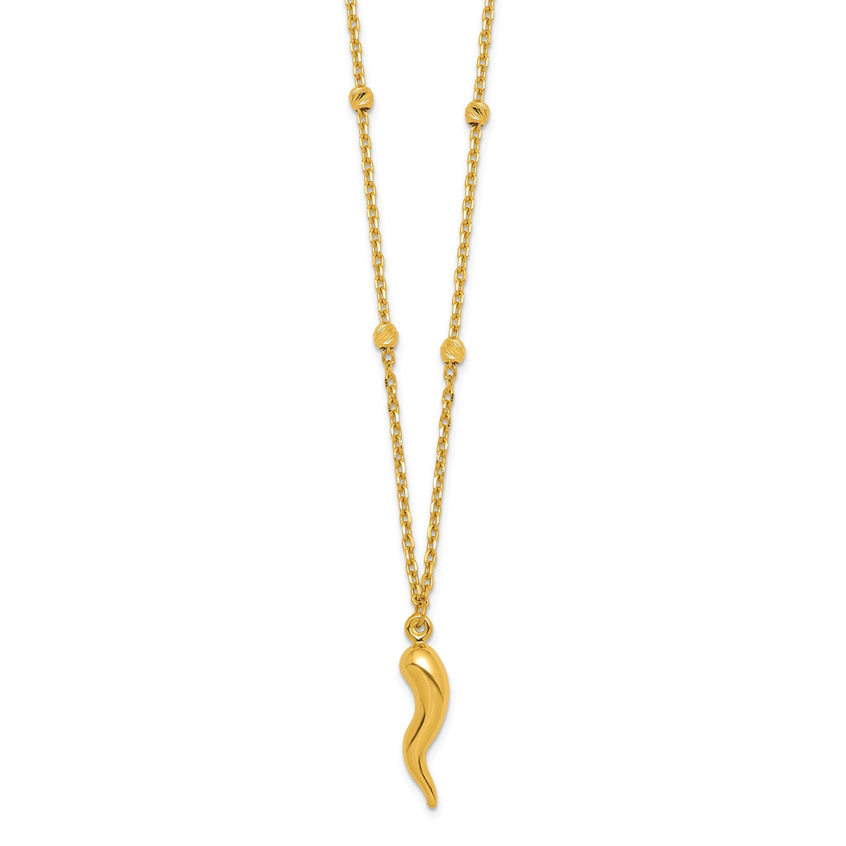 Ball Station Italian Horn Necklace in 14K Yellow Gold, 17 Inch - Sophia Jewelers