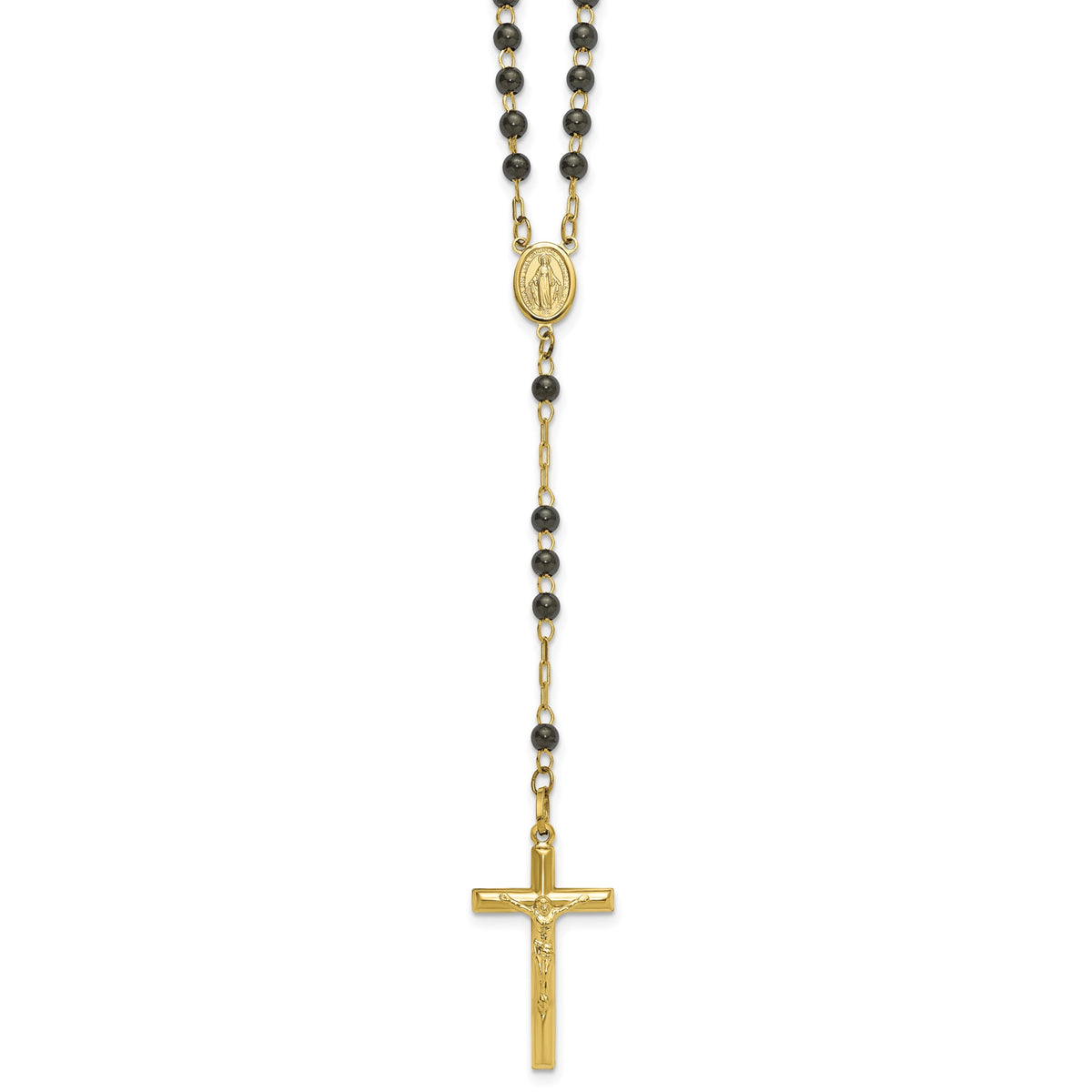 Black Beaded Rosary Necklace in 14K Yellow Gold, 4mm, 18 Inch - Sophia Jewelers Main image