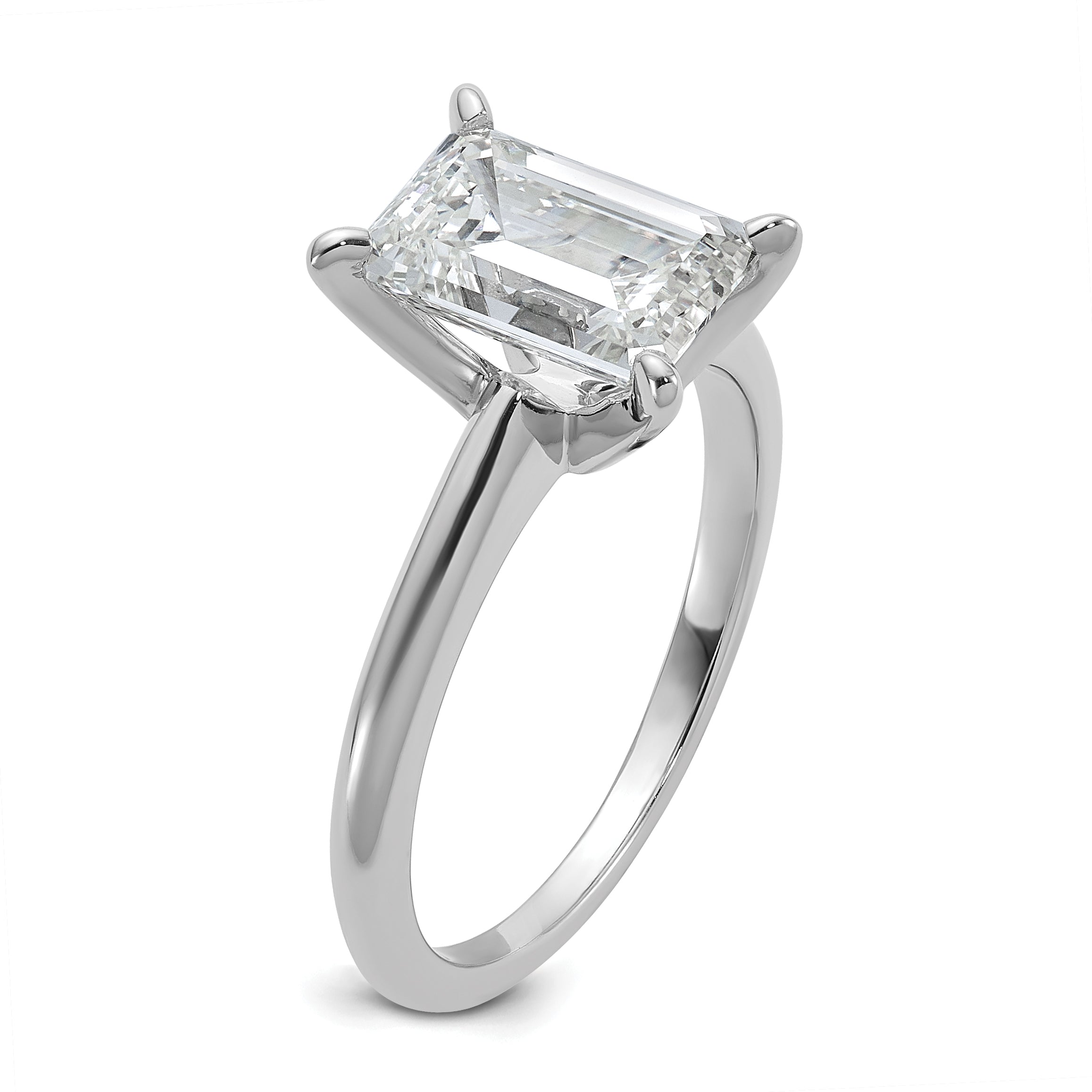 14k White Gold 2 1/2 carat Lab Grown Diamond VS+ F+ Emerald Solitare Complete Engagement Ring
