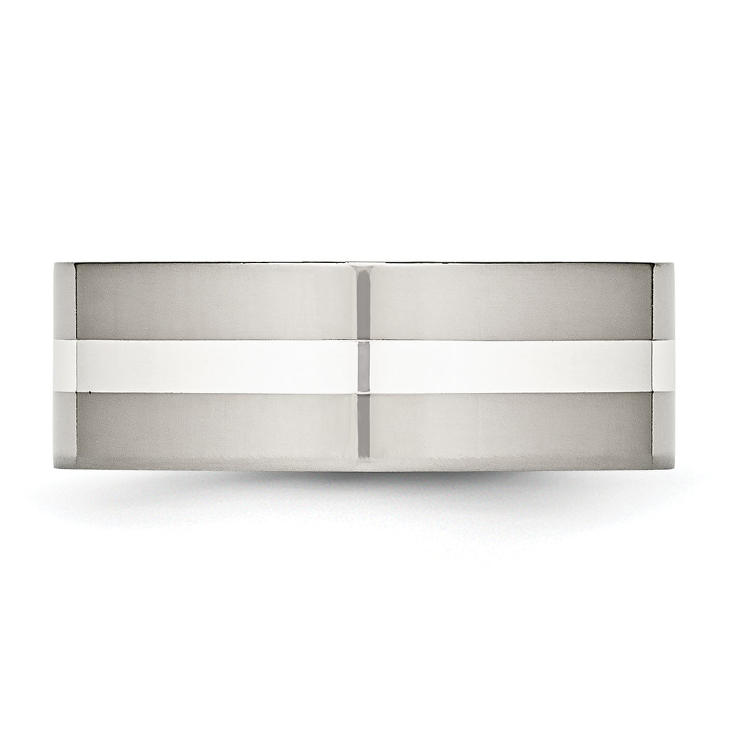 Chisel Stainless Steel with Sterling Silver Inlay Polished 8mm Flat Band