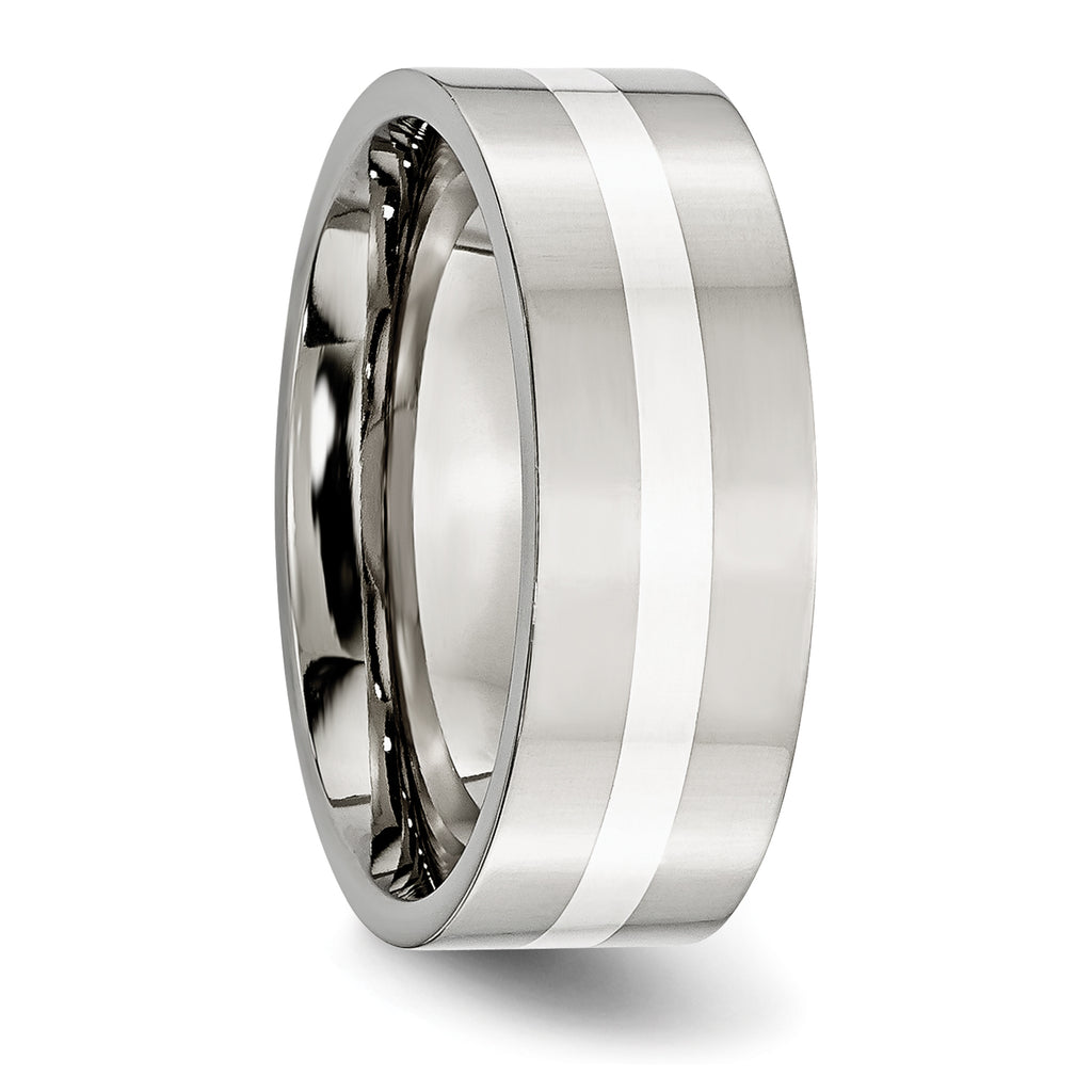 Chisel Stainless Steel with Sterling Silver Inlay Polished 8mm Flat Band