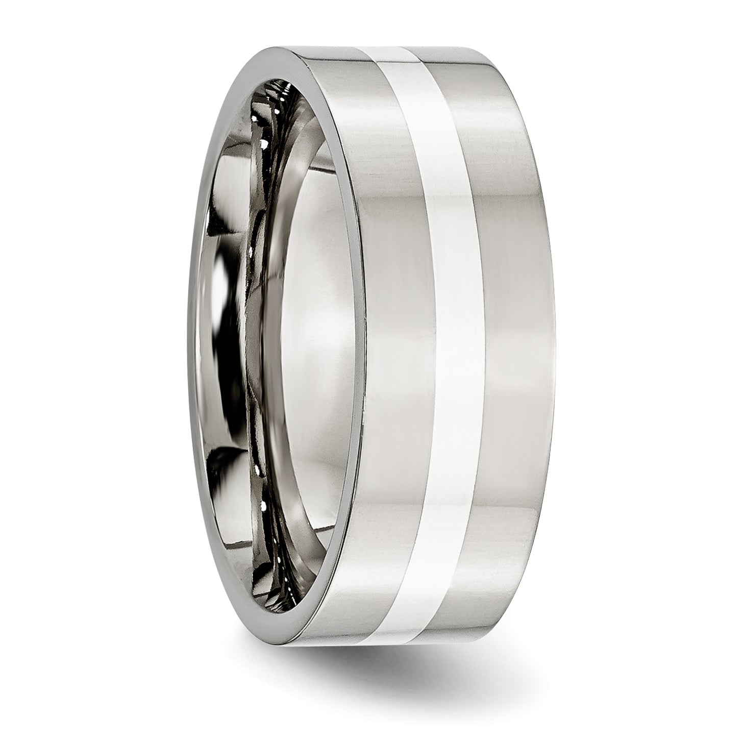 Chisel Stainless Steel with Sterling Silver Inlay Polished 8mm Flat Band
