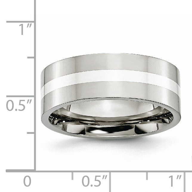 Chisel Stainless Steel with Sterling Silver Inlay Polished 8mm Flat Band